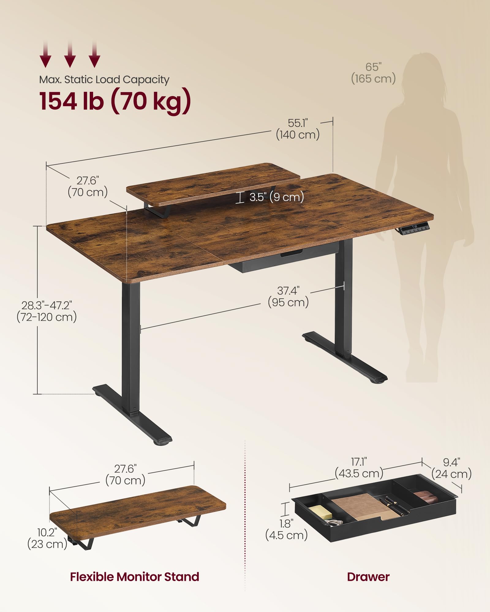 VASAGLE Electric Standing Desk - Height Adjustable 140 x 70 cm | 3 Memory Presets | Rustic Brown 3