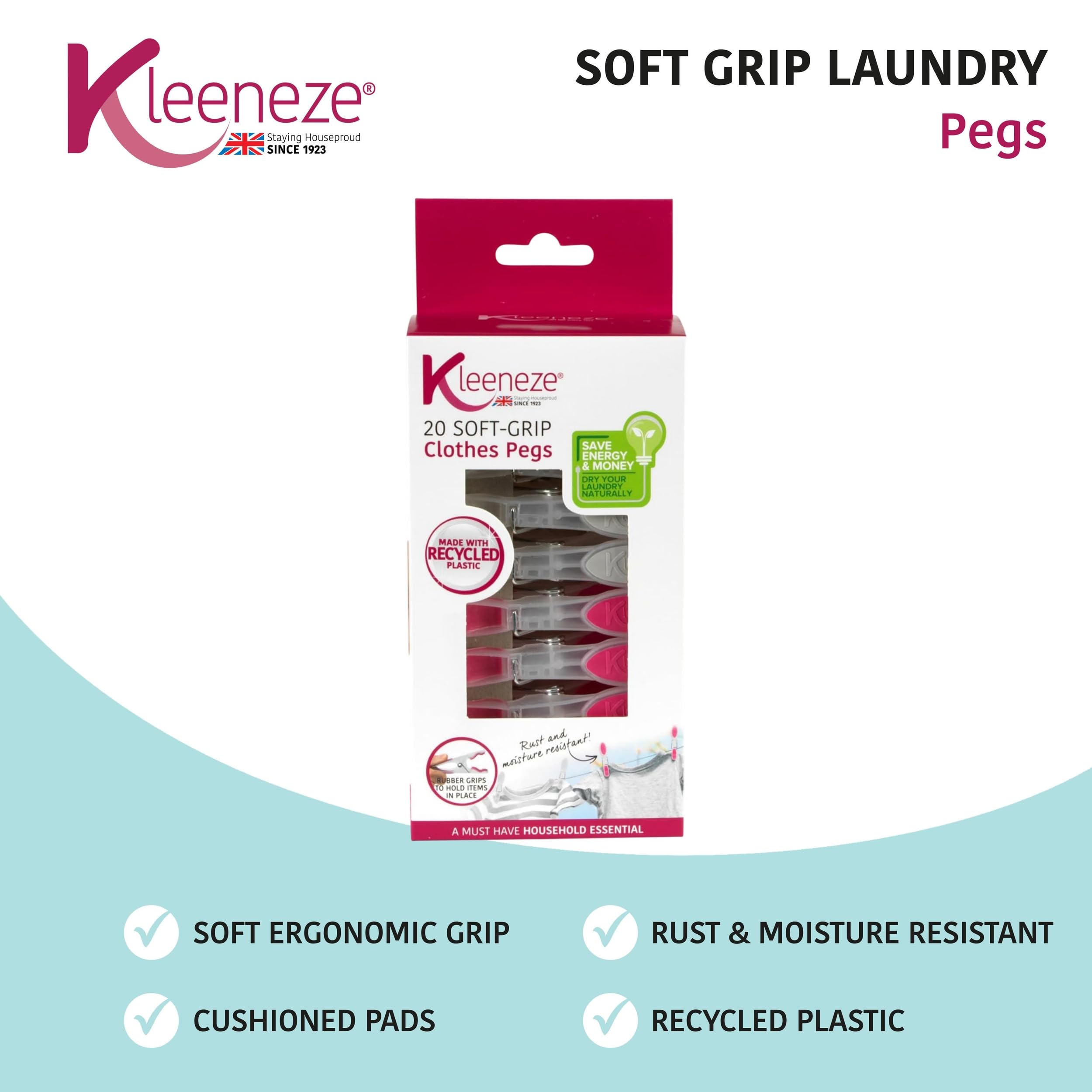 Kleeneze 20-Pack Laundry Pegs - Soft Grip Ergonomic Clothespins | Durable Plastic & Metal Springs 2