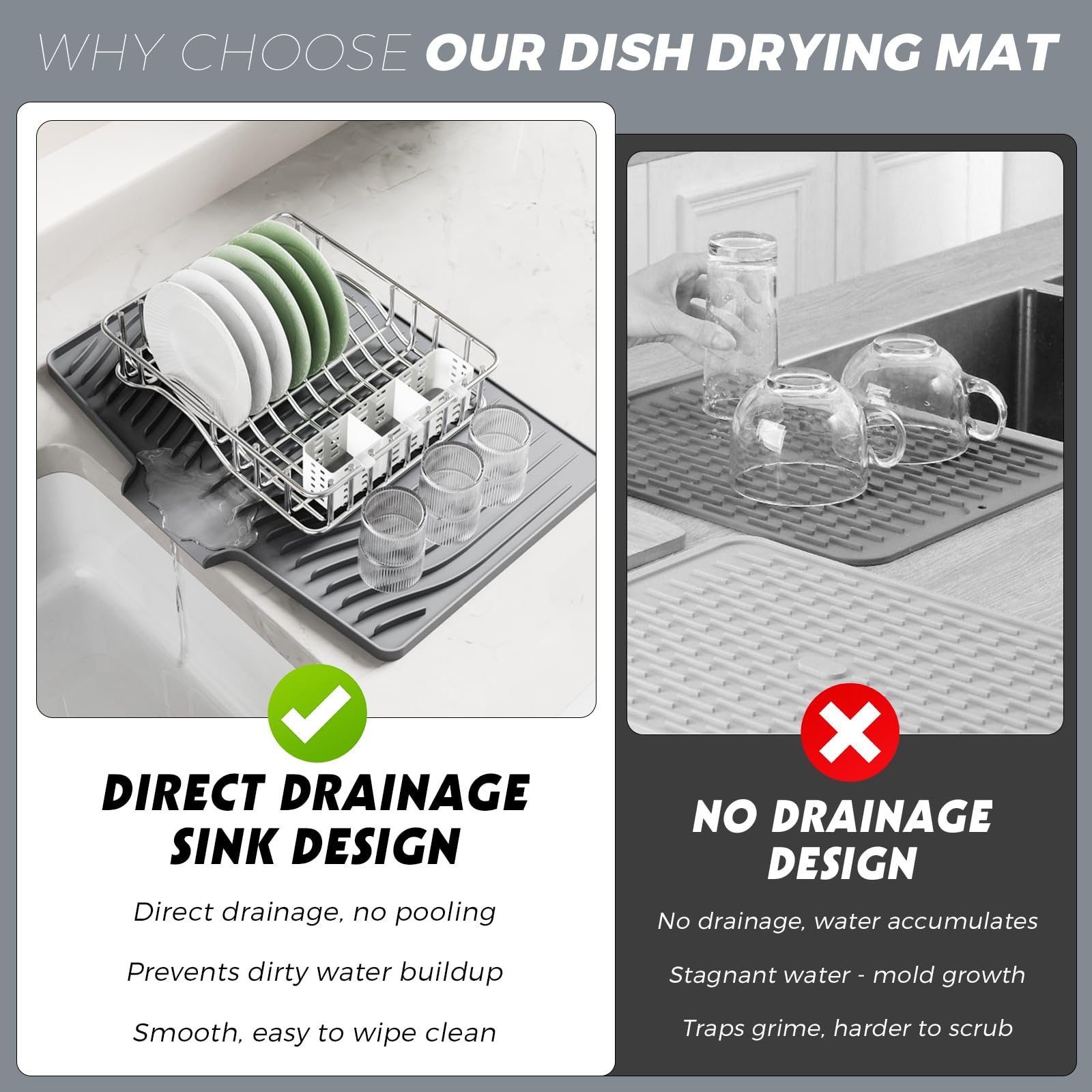 Woobroo Silicone Dish Drying Mat - Non-Slip, Heat-Resistant, Grey | 48x35 cm 6