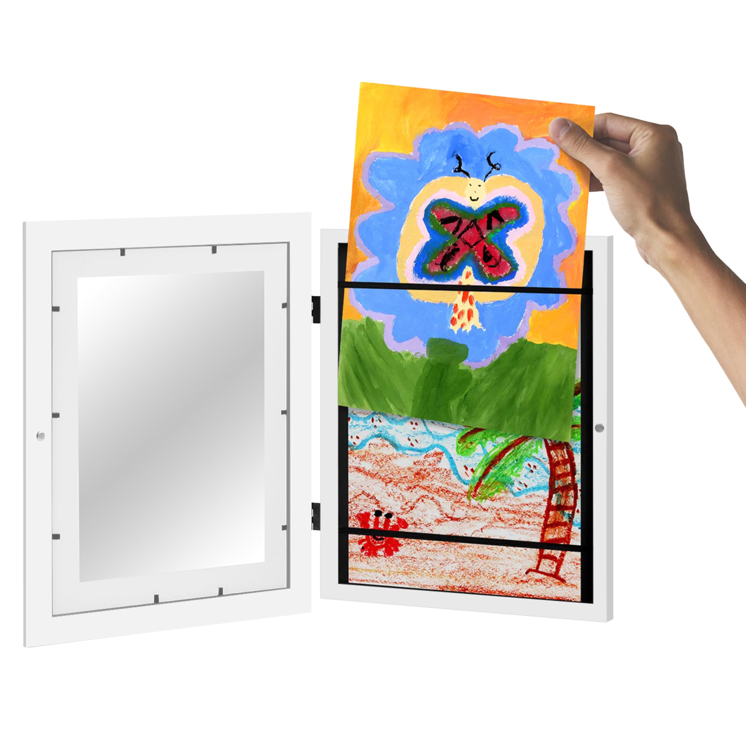Americanflat A4 Kids Artwork Display Frame in White - Front-Loading, Holds 100 Pieces | 25.5x32 cm 10