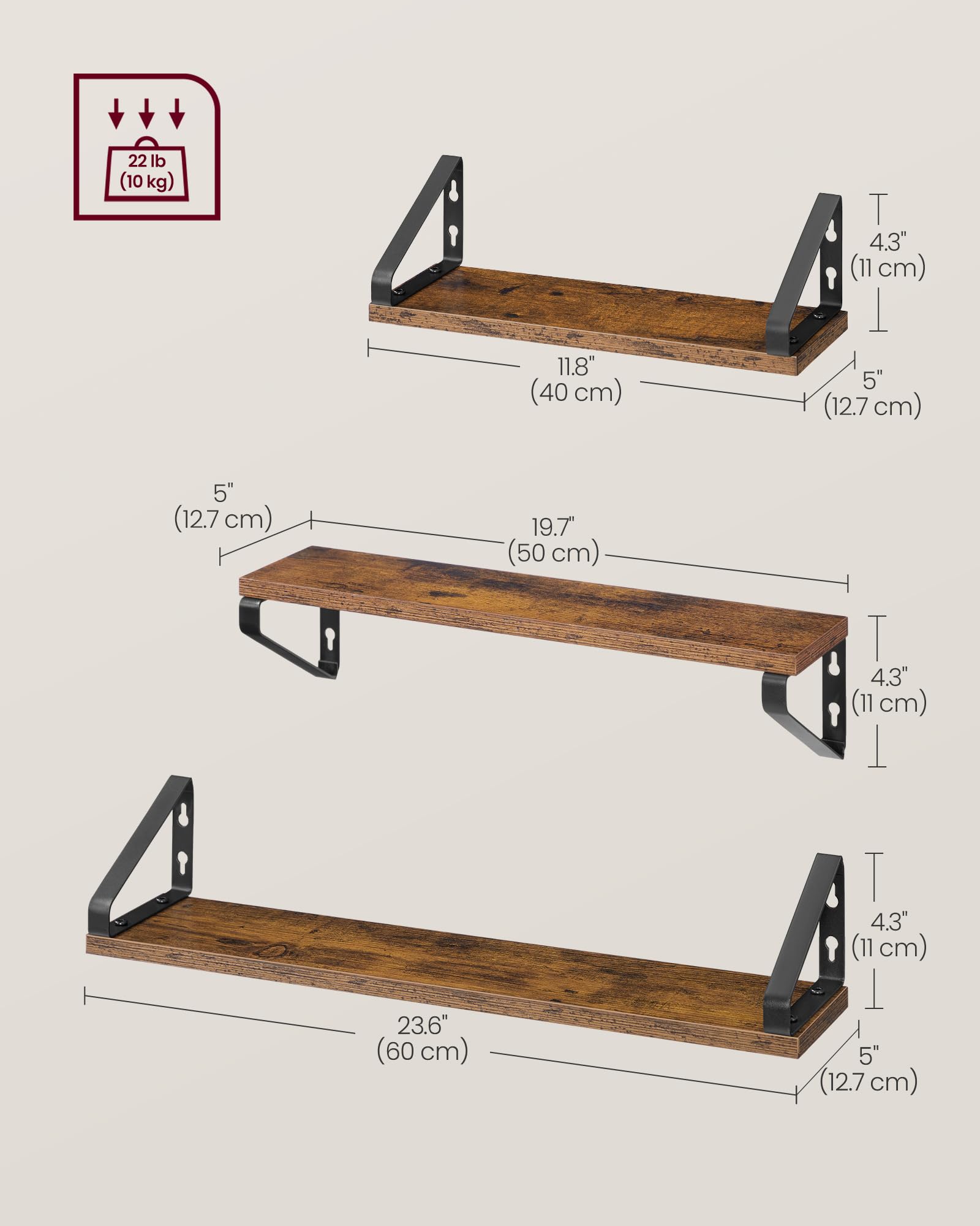 VASAGLE Floating Wall Shelves - Set of 3 (40/50/60 cm) | Rustic Brown & Matte Black | Holds 10 kg Each 2