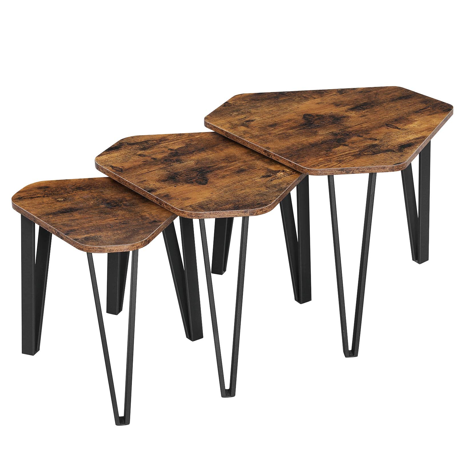 VASAGLE Nesting Coffee Table Set of 3 End Tables for Living Room | Rustic Brown + Black | Industrial Style 1