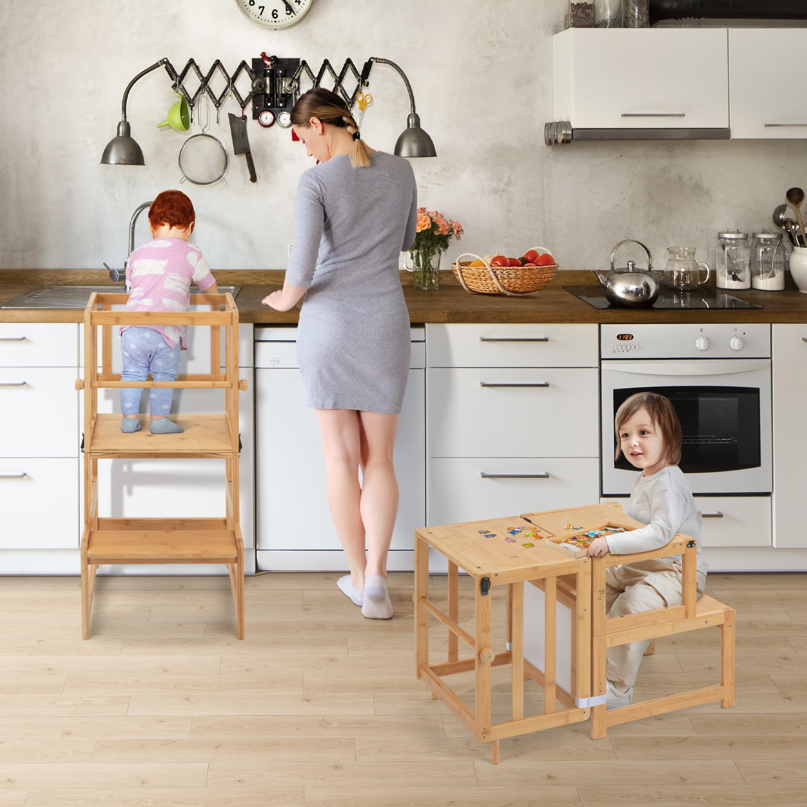 COSYLAND 3-in-1 Toddler Kitchen Stool Helper - Convertible Standing Tower | Bamboo | Supports 150 lbs 3