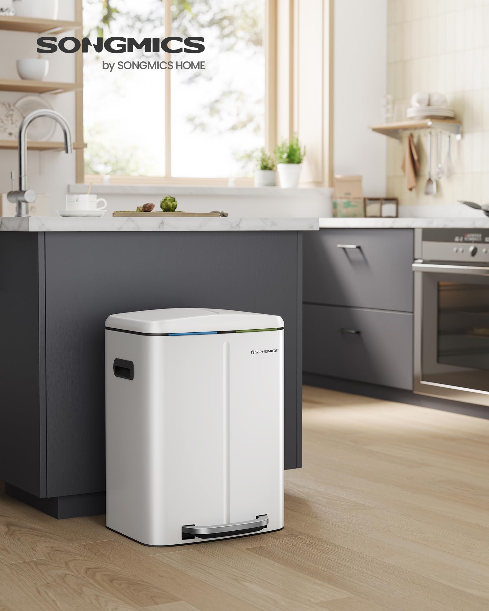 SONGMICS Double Rubbish Bin - 2 x 20L Dual Compartment Kitchen Waste Separation System | White Powder Coated Steel