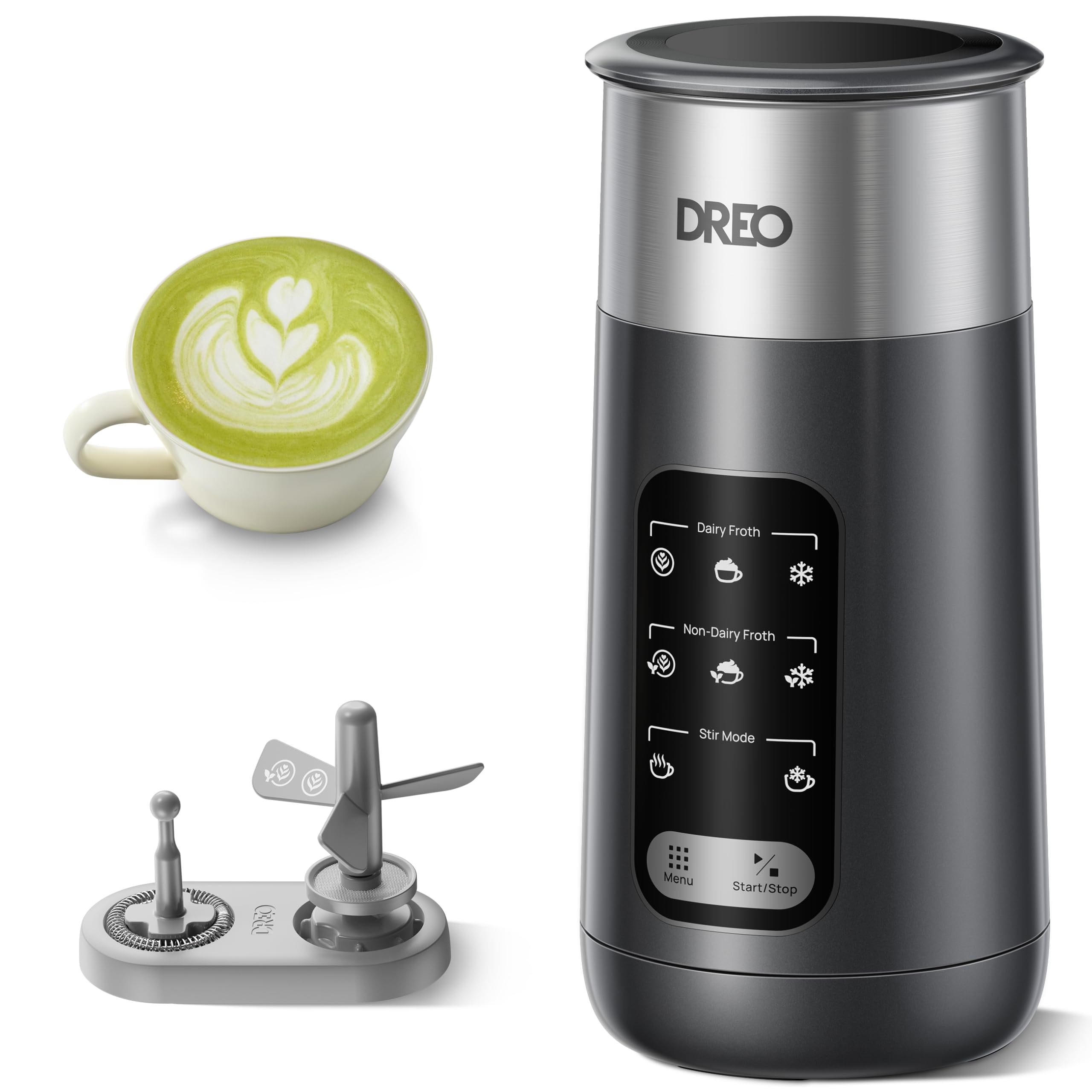 Dreo Electric Milk Frother - 8-in-1 Silent Steamer | Stainless Steel | Black Silver