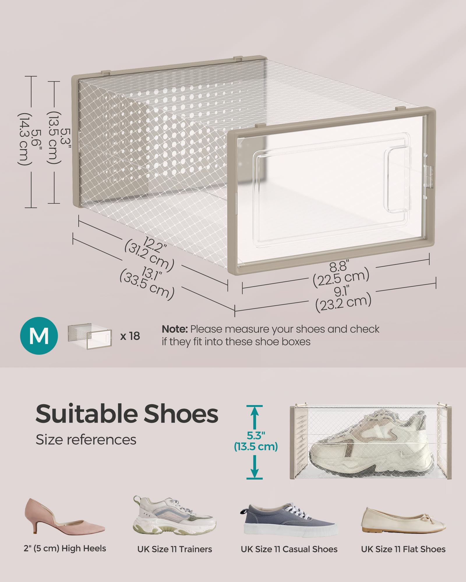 SONGMICS Shoe Boxes - Pack of 18 Stackable Organisers, Foldable, Transparent Body | Fits UK Size 9.5 7