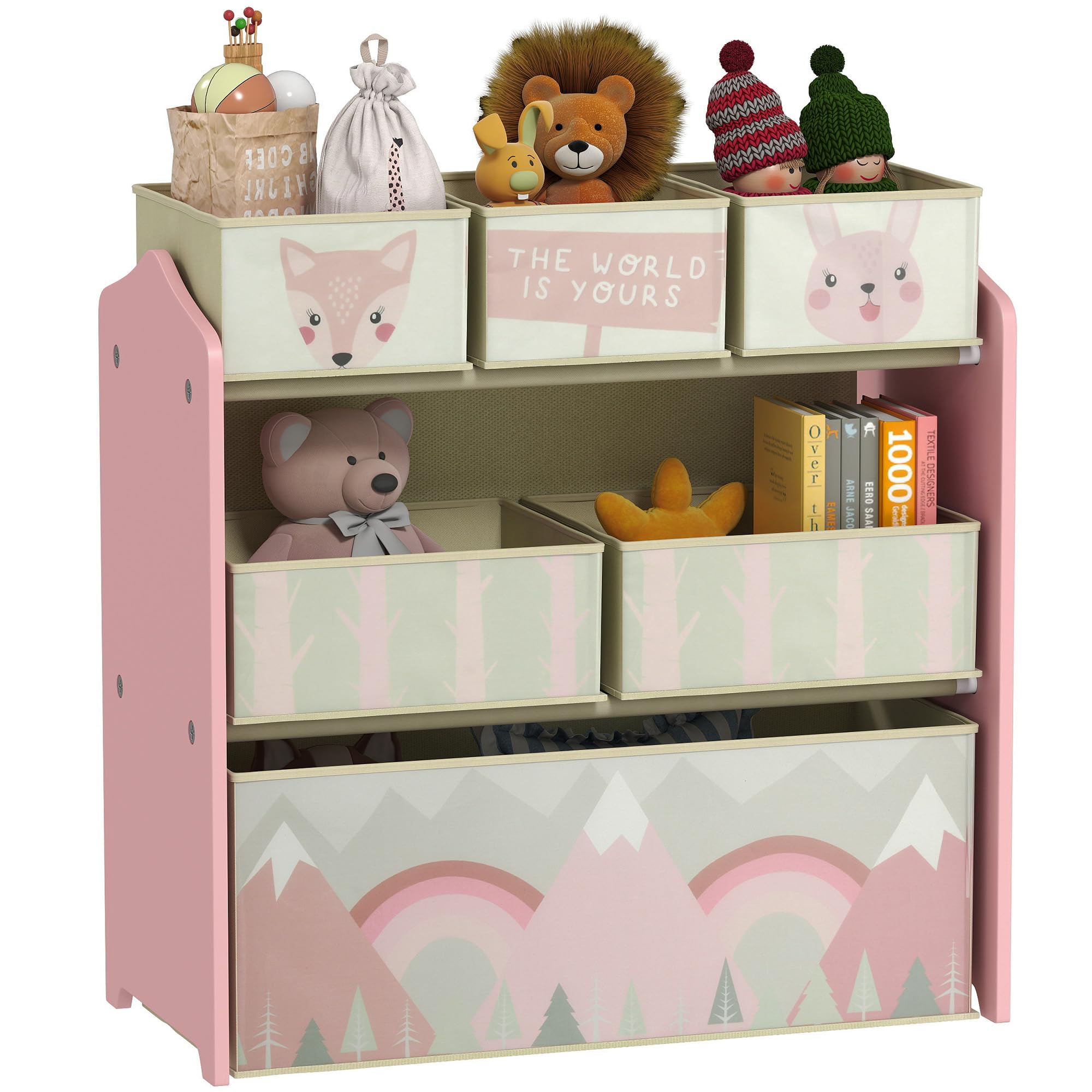 ZONEKIZ Kids Toy Storage Unit Organizer with 6 Detachable Fabric Bins | Pink | 63 x 30 x 66 cm 1