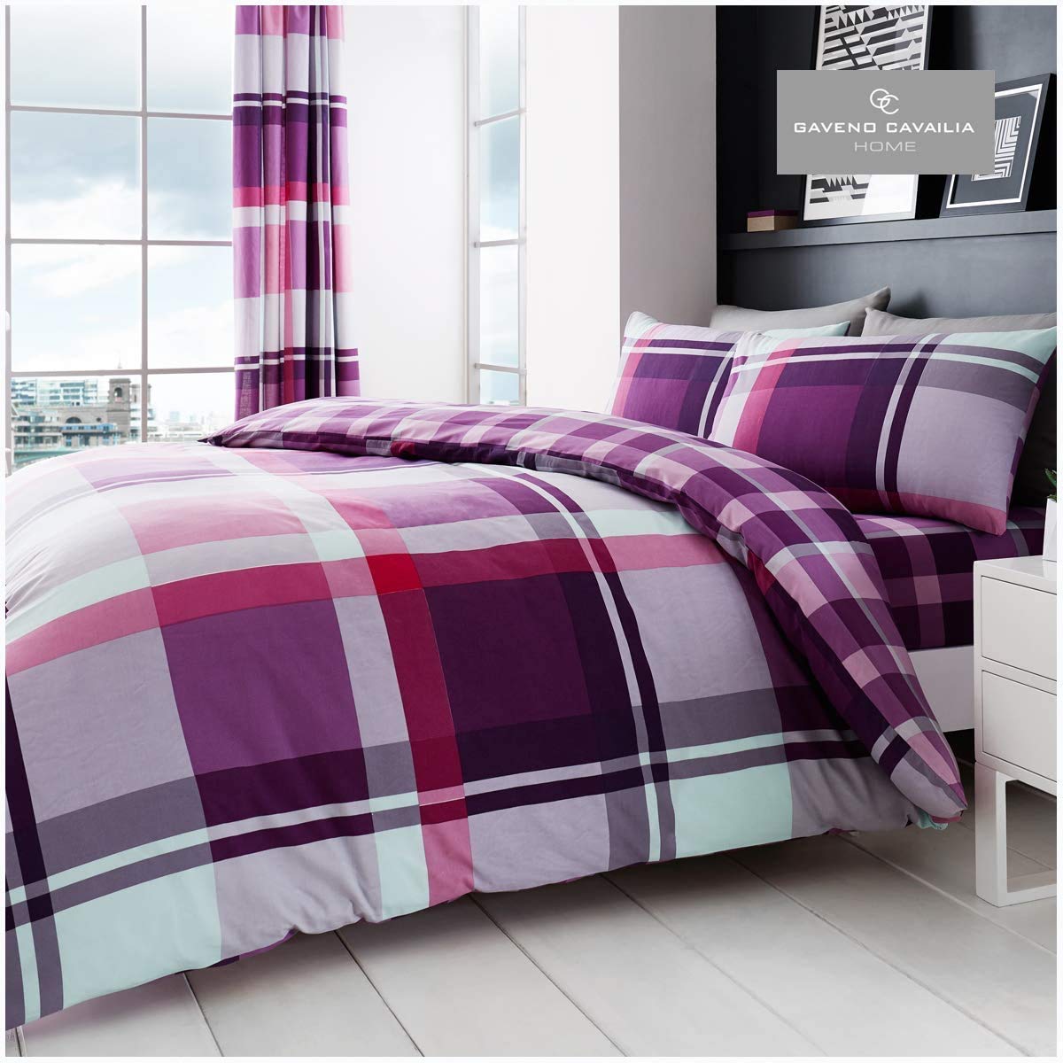 GC GAVENO CAVAILIA Geometric Check Reversible Duvet Cover Set | King Size | Purple 1