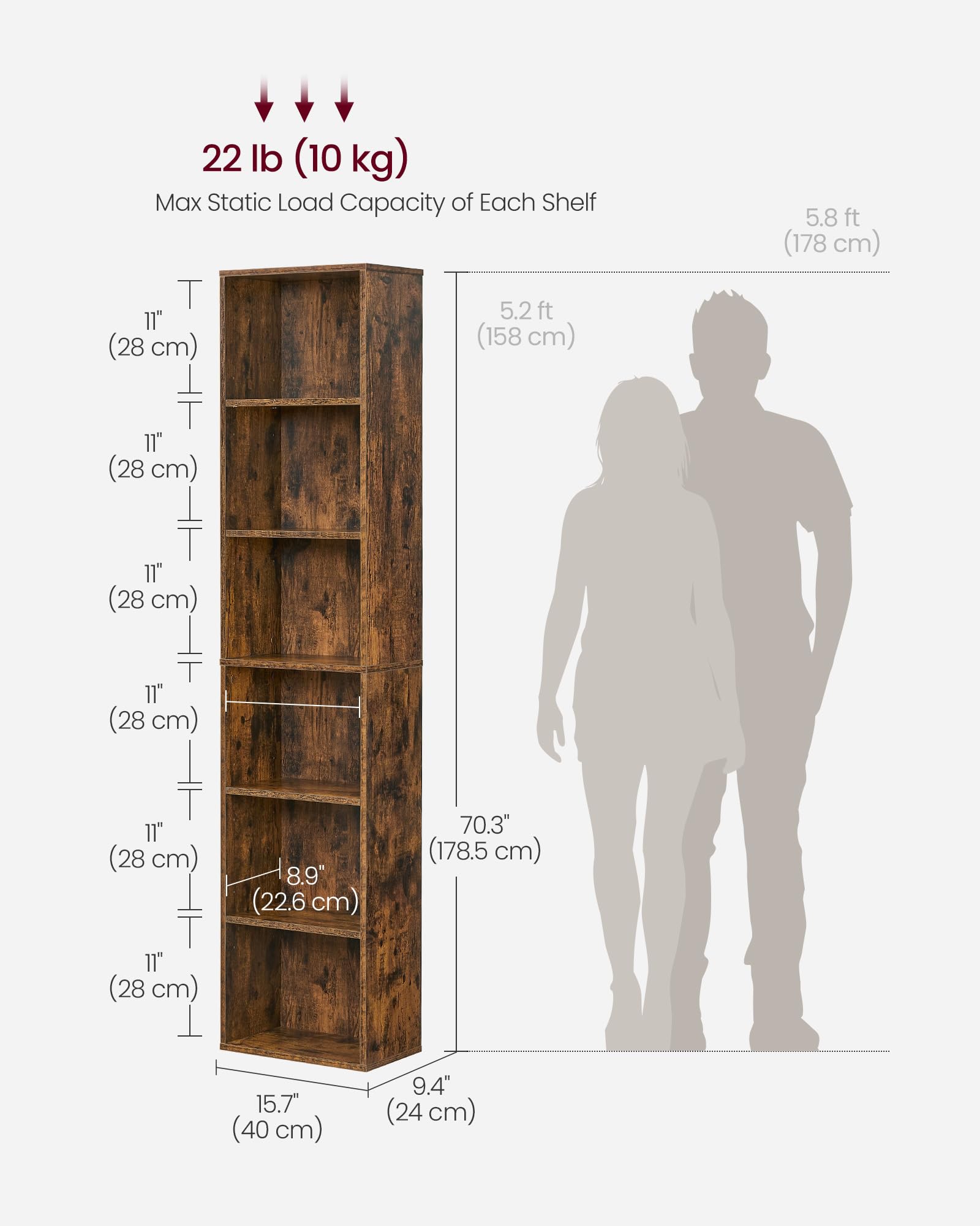 VASAGLE 6-Tier Open Storage Bookcase - Rustic Brown, Adjustable Shelves | 24 x 40 x 178.5 cm 3