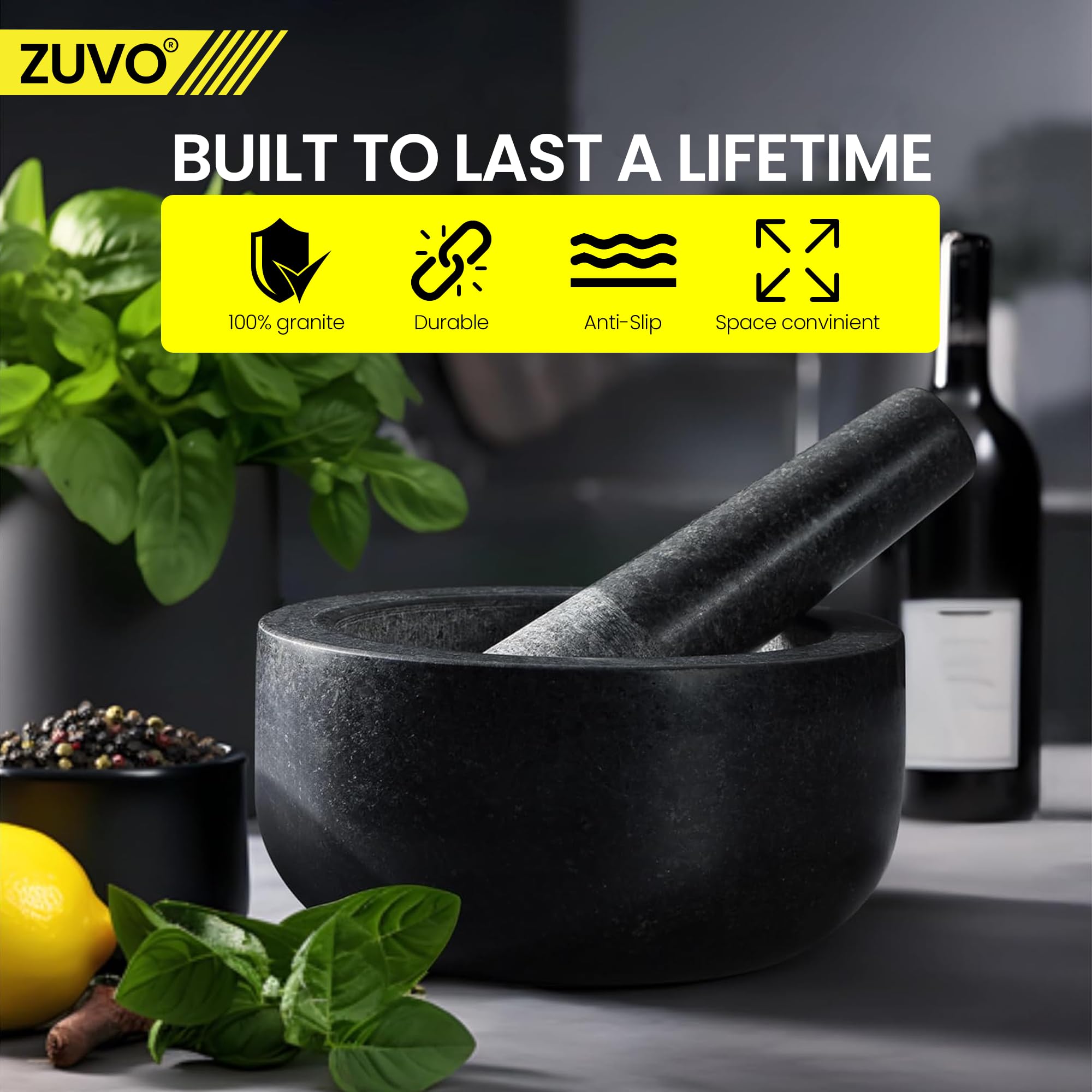 Zuvo Stone Mortar & Pestle Set - Premium Natural Stone | Black Finish | 3.56 kg 3