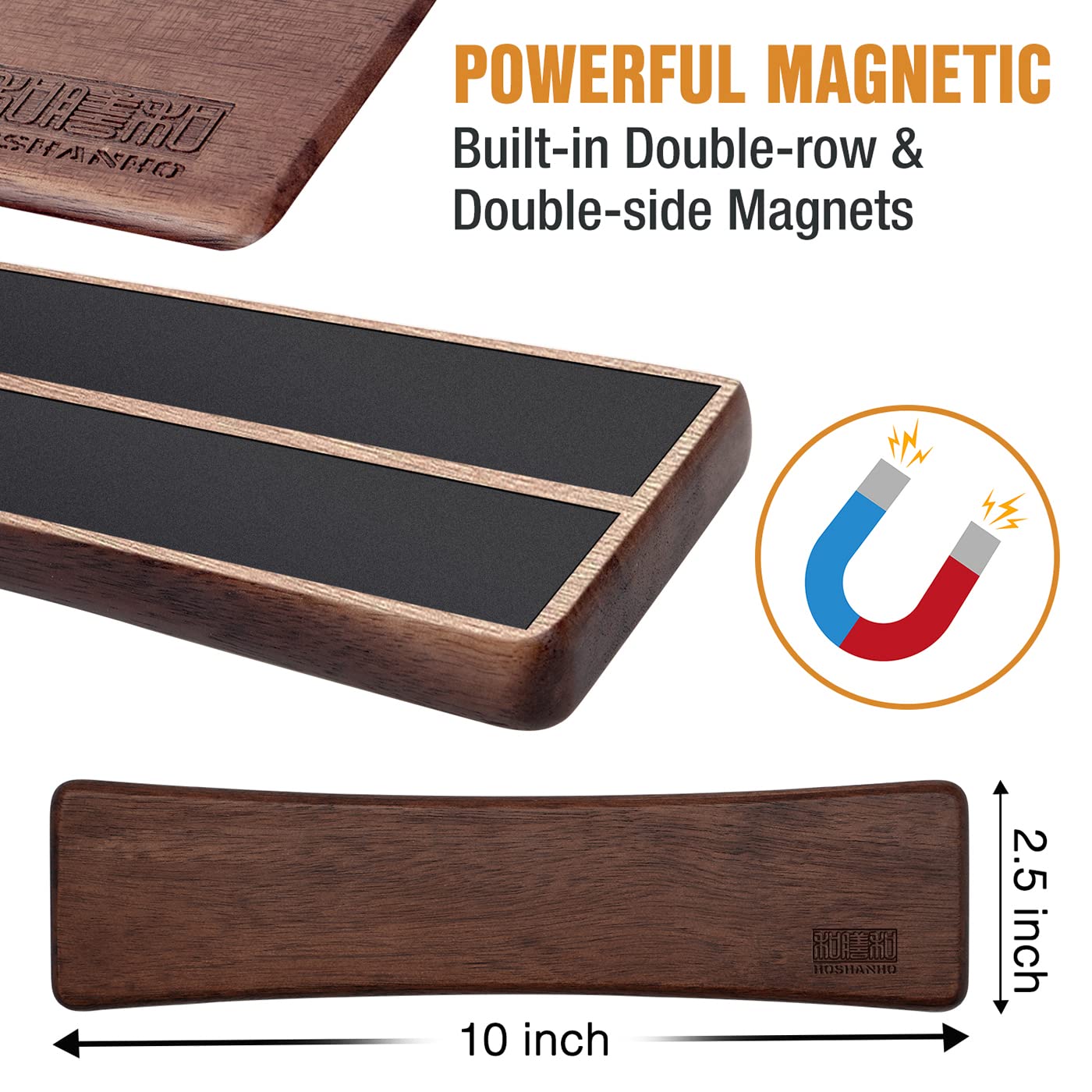 HOSHANHO Magnetic Knife Holder - Acacia Wood, 25cm Strip, Dual Mounting Options 2