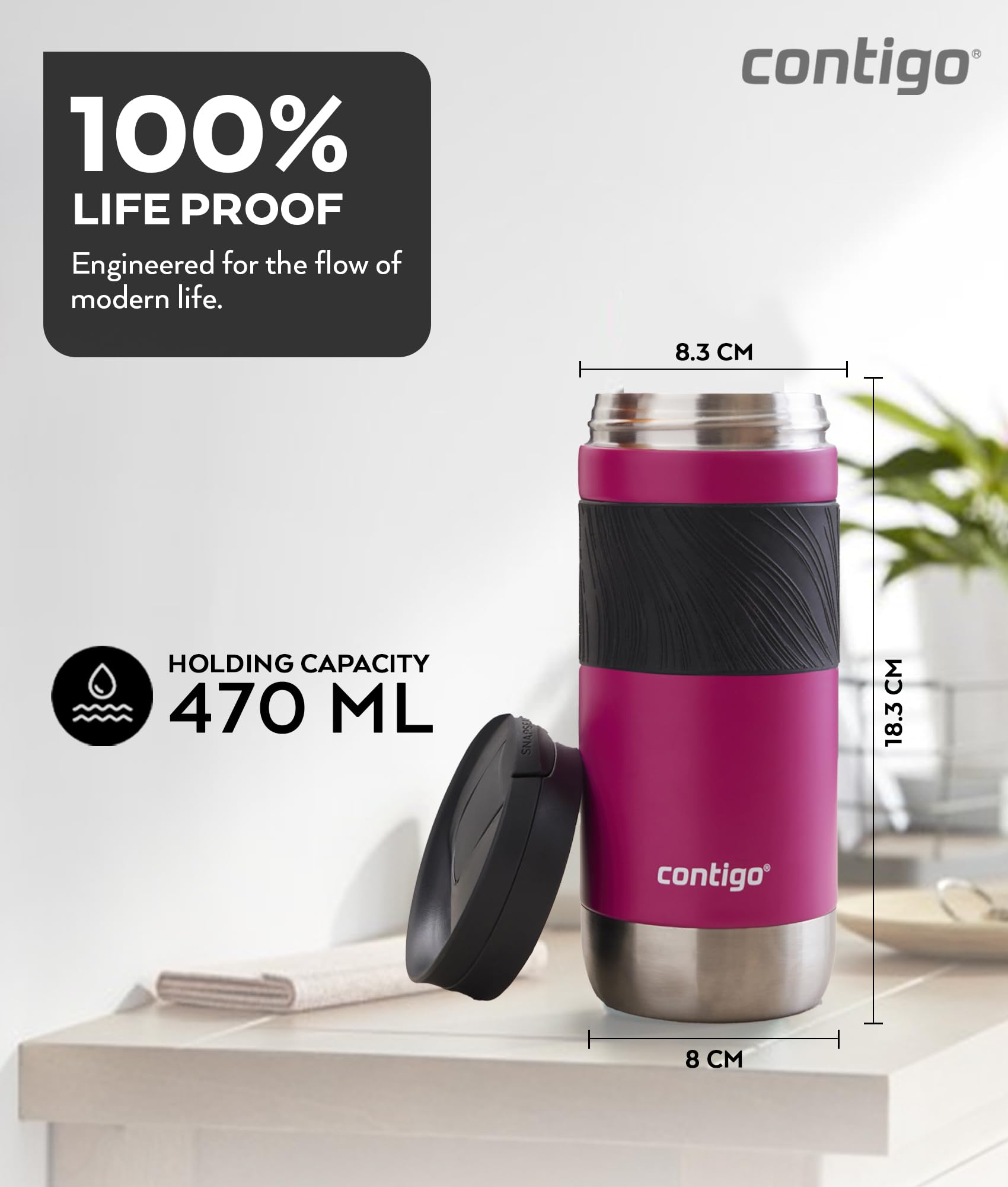 Contigo Byron Snapseal Travel Mug - 470 ml Stainless Steel Thermal Mug | Keeps Hot 7 Hrs, Cold 12 Hrs | Dragon Fruit 6