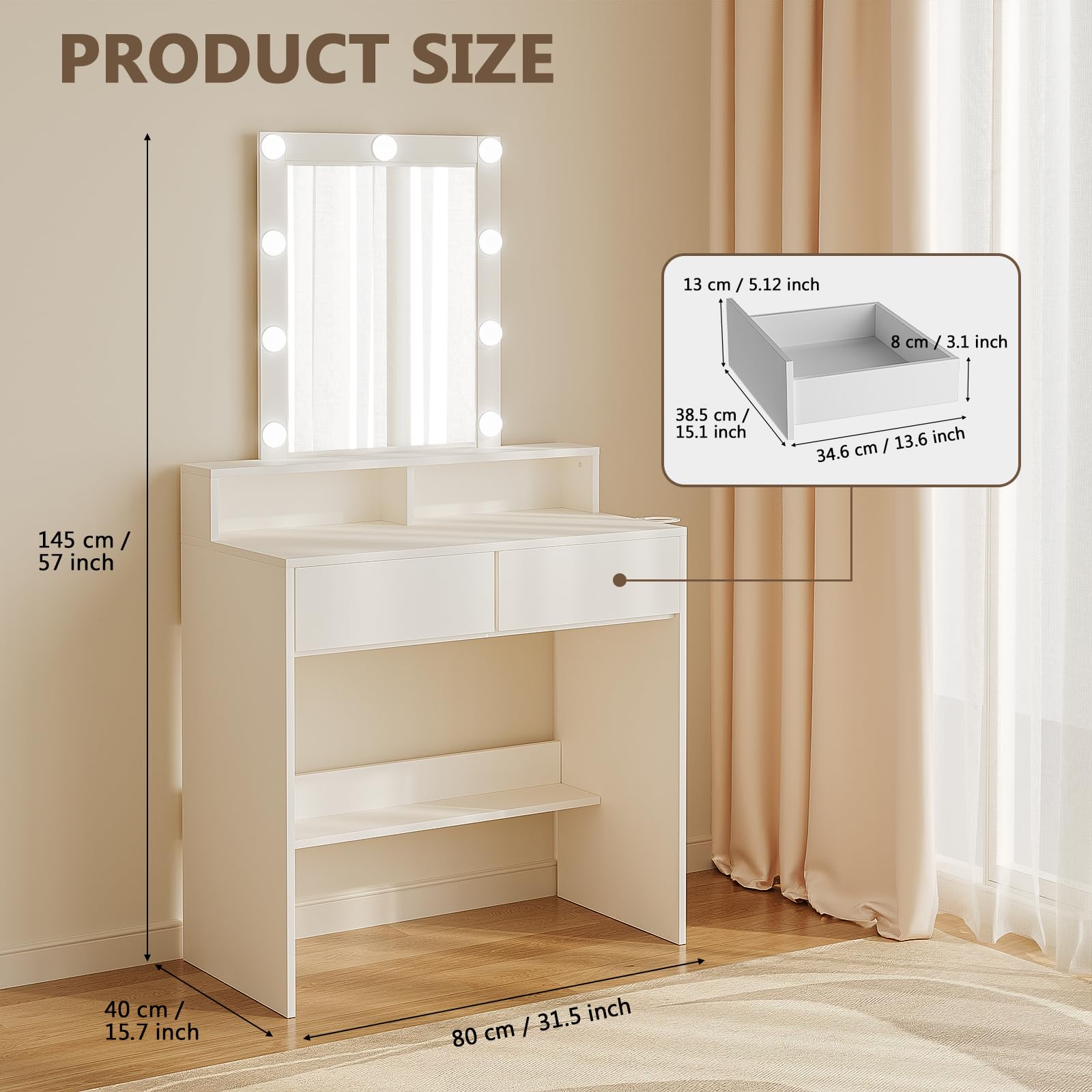 JUMMICO Dressing Table with LED Mirror, 2 Drawers, Hairdryer Stand | 80 x 40 cm White Finish 7