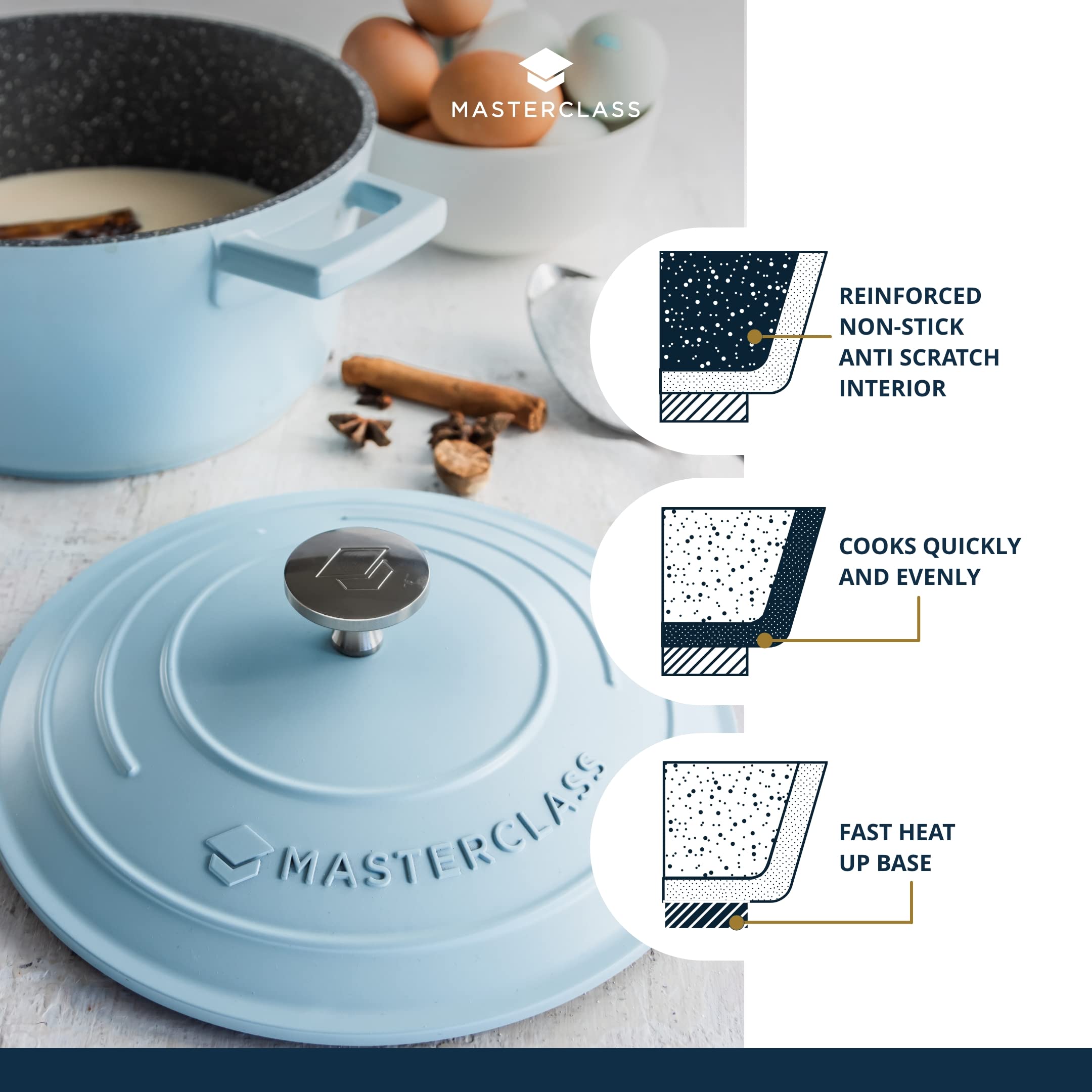 MasterClass 2.5L Cast Aluminium Casserole Dish with Lid | 20 cm Diameter | Sky Blue 4