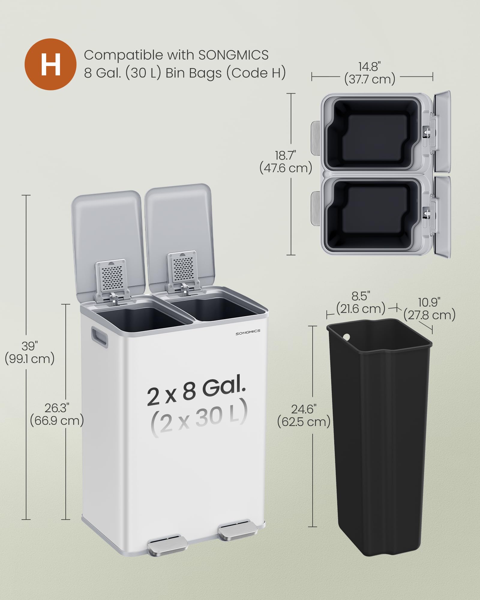 SONGMICS Kitchen Bin - Dual Compartment Pedal Trash Can | 2 x 30 L Capacity | Matte White Steel 6