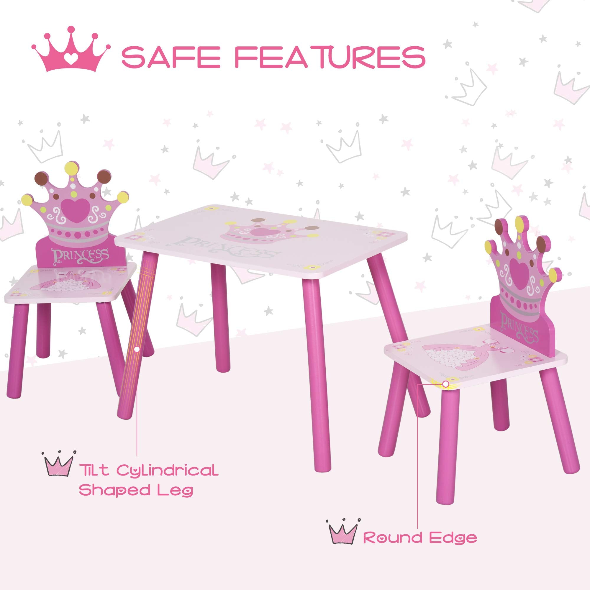 HOMCOM 3 Pc Kids Table and Chair Set - Princess & Crown Theme | MDF & Pine Wood | Pink 3