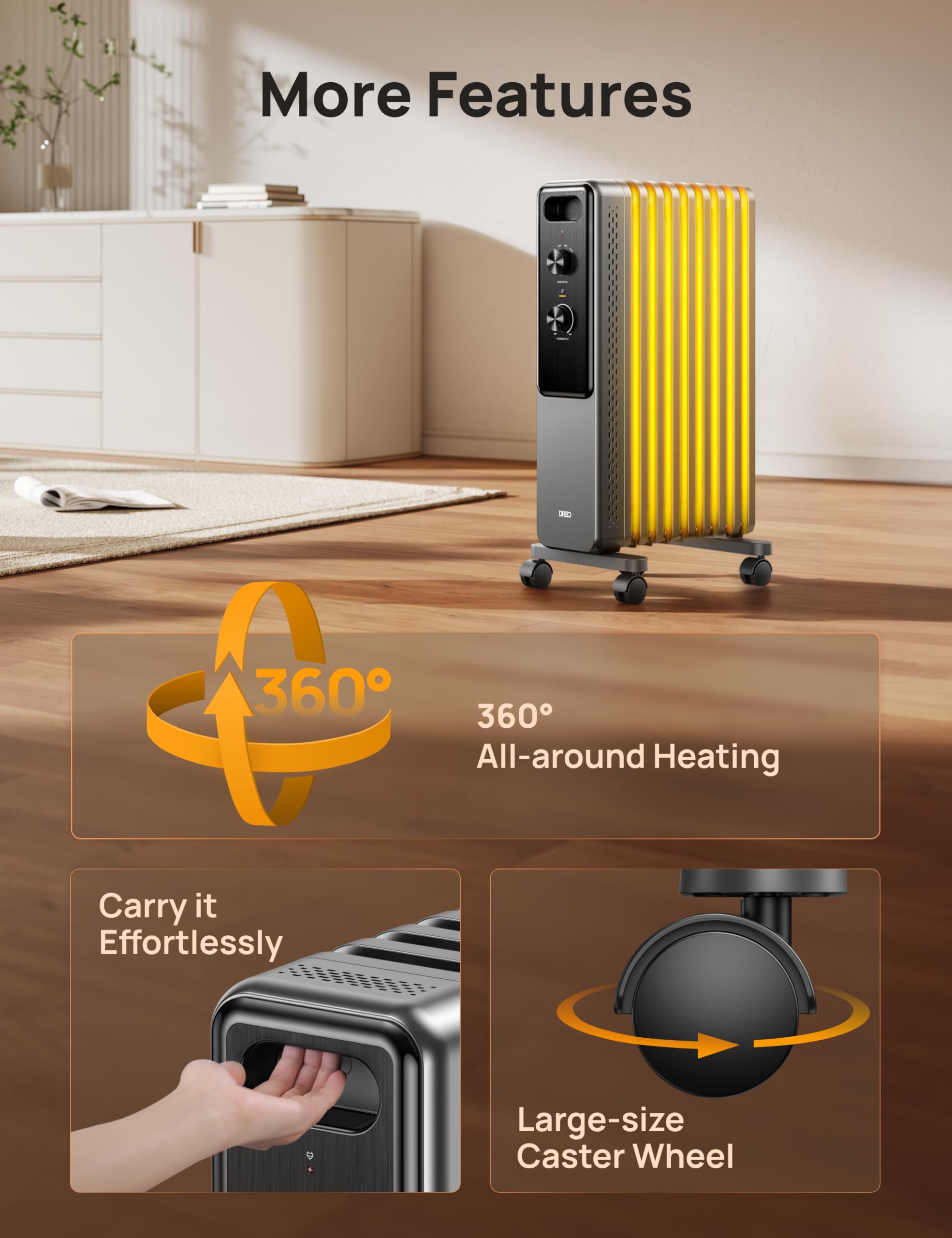 Dreo 2000W Oil Filled Radiator Heater - 9 Fins, Silent Operation | Adjustable Temp | Portable 8