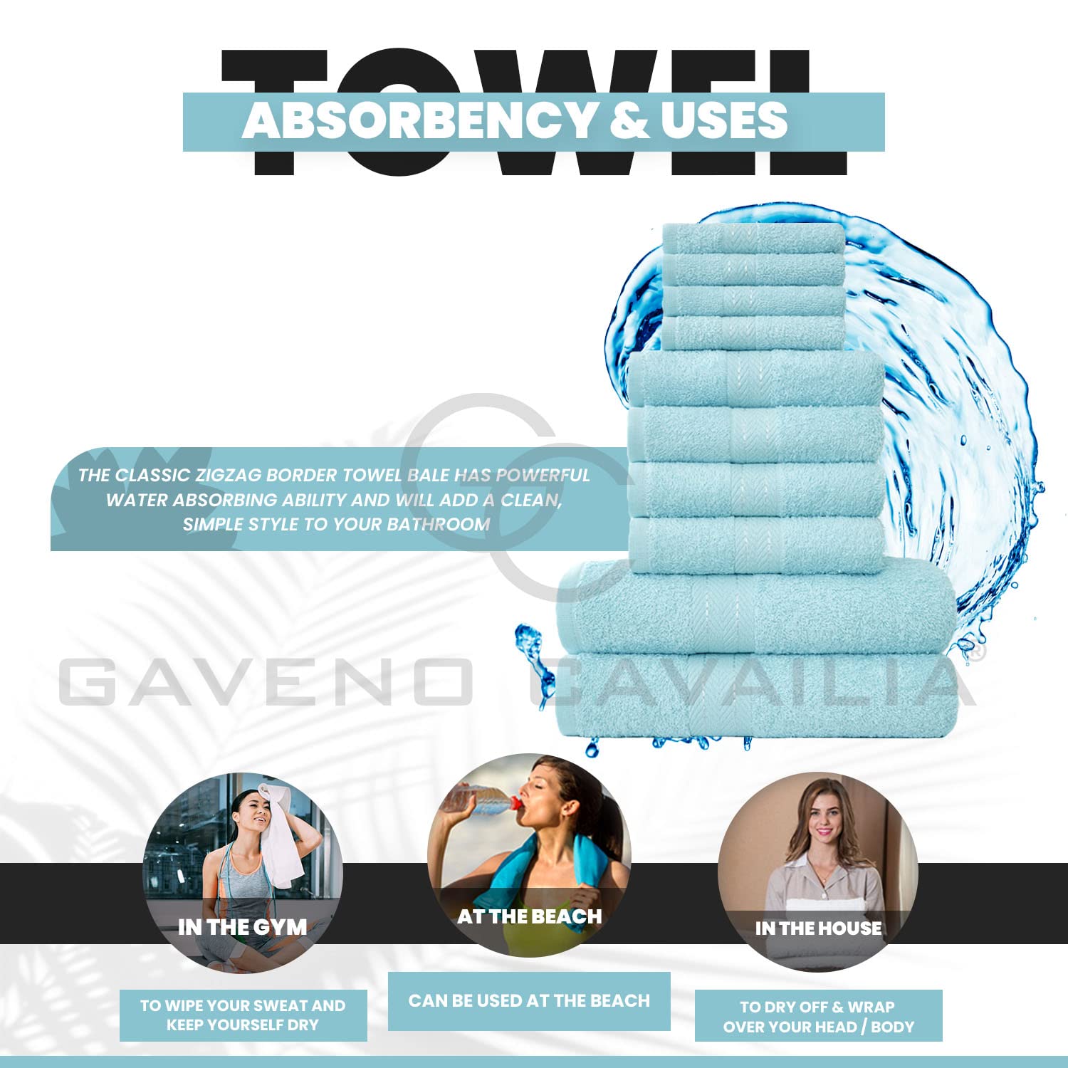 GC GAVENO CAVAILIA 10 Piece Cotton Towel Set - 450 GSM | Aqua Color | Soft Feel 4