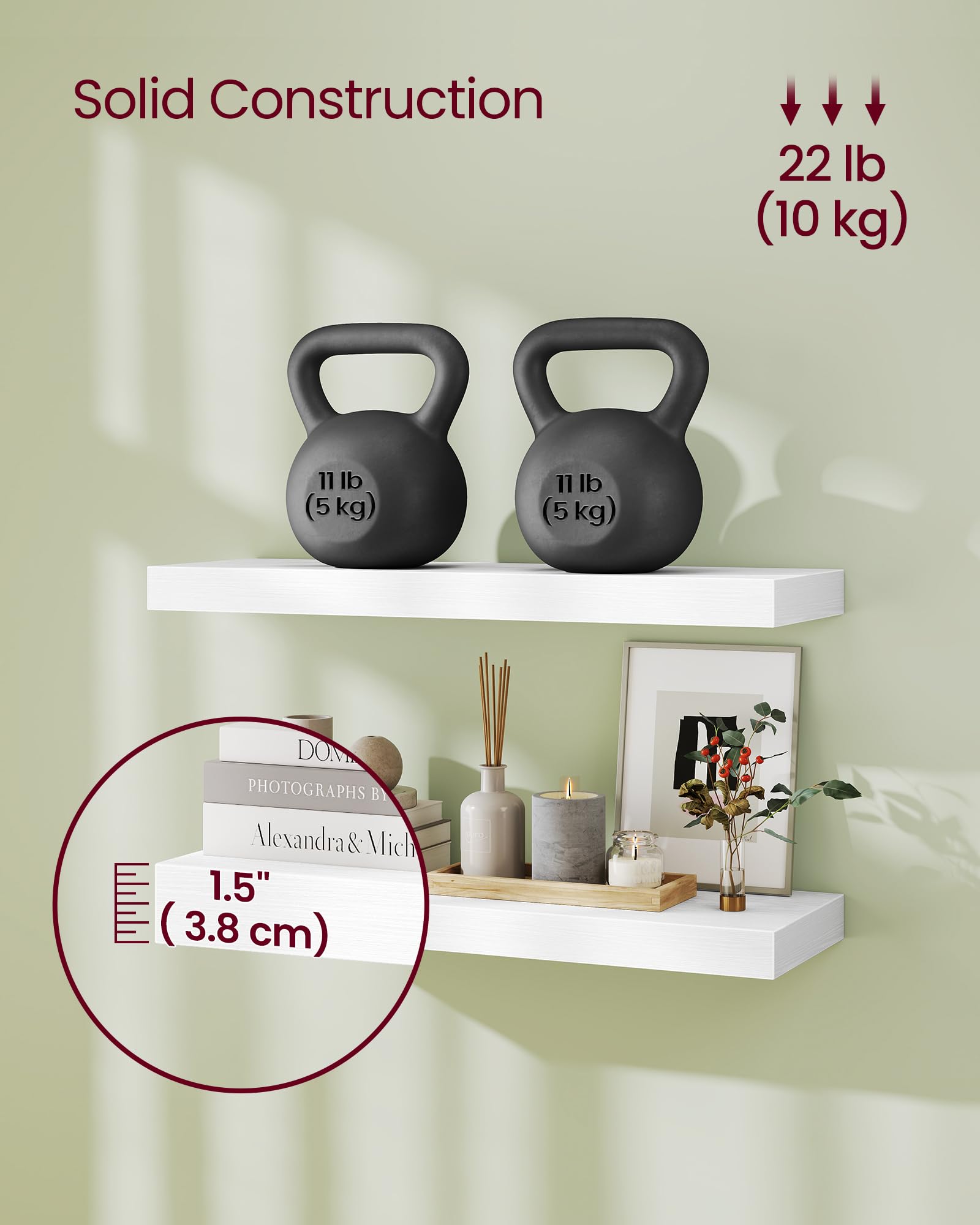 VASAGLE Floating Wall Shelf - Snow White | 60 cm Width | MDF & Steel | Max Load 10kg 5