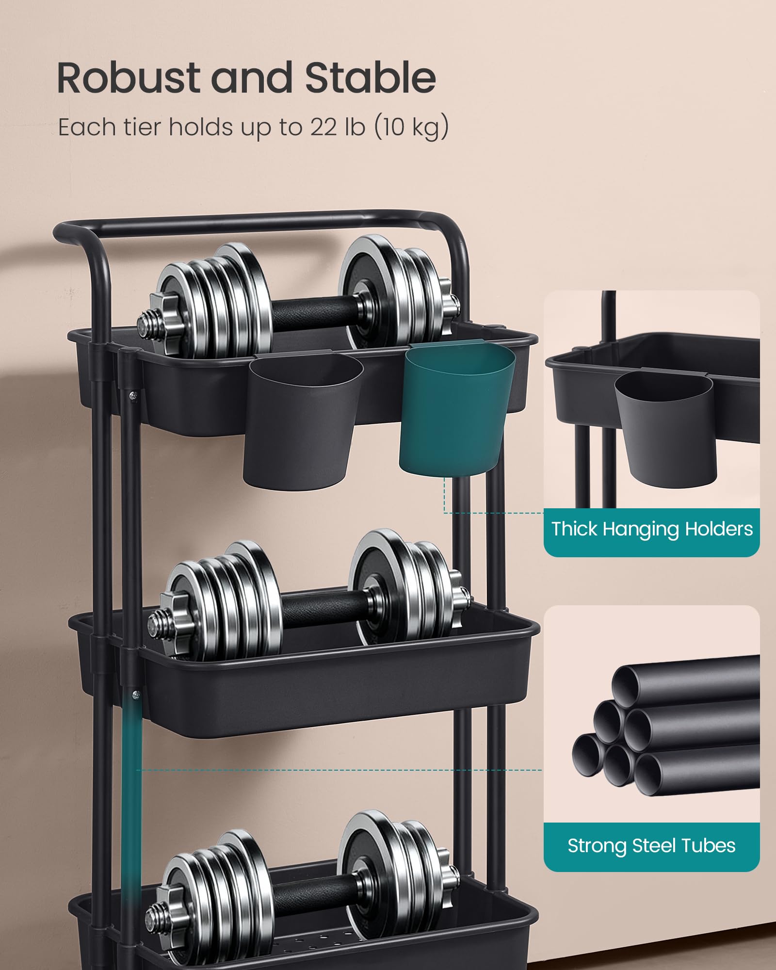 SONGMICS Rolling Cart - 3-Tier Storage with Handle | 2 Organizers | Black/White 6