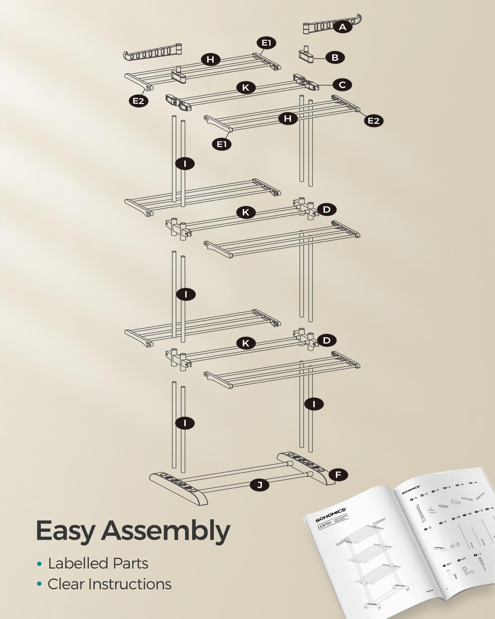 SONGMICS Large Clothes Drying Rack - 4-Tier Foldable Airer | 35kg Capacity | Stainless Steel & Plastic 8