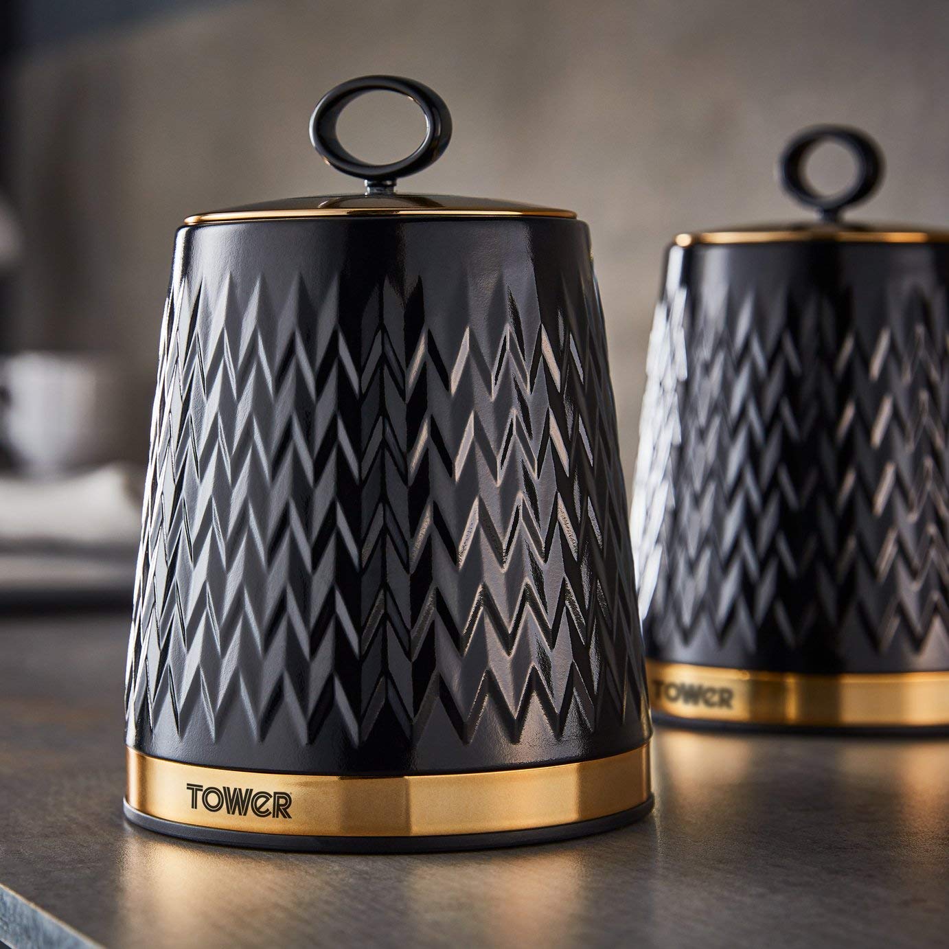 Tower Empire Set of 3 Storage Canisters for Tea Coffee Sugar | 1.3L Capacity | Black and Brass 4