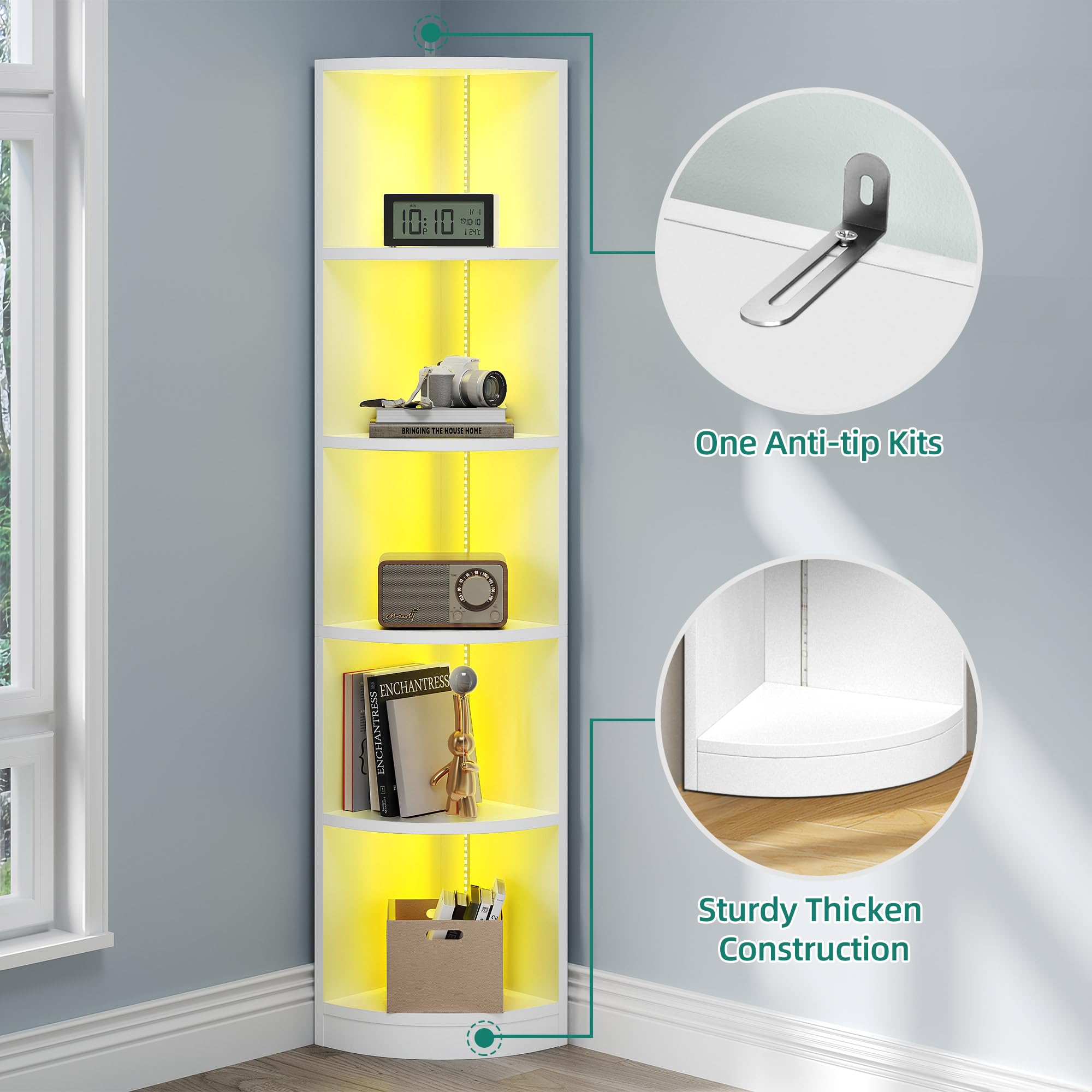 YITAHOME 5 Tier Corner Bookshelf with Voice-Activated LED Lighting | Engineered Wood | White 5