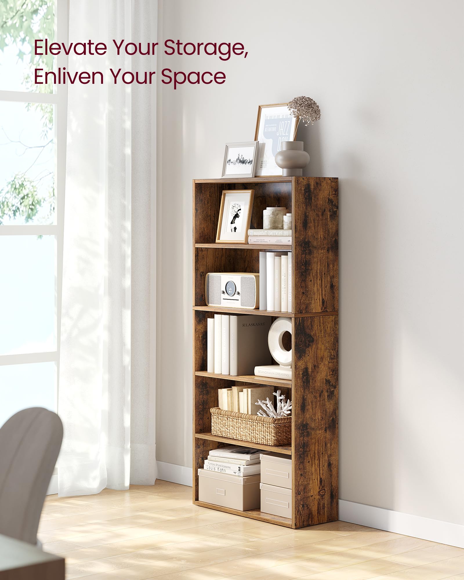 VASAGLE 5-Tier Bookcase Storage Shelving Unit | Rustic Brown Engineered Wood | Adjustable Shelves 4