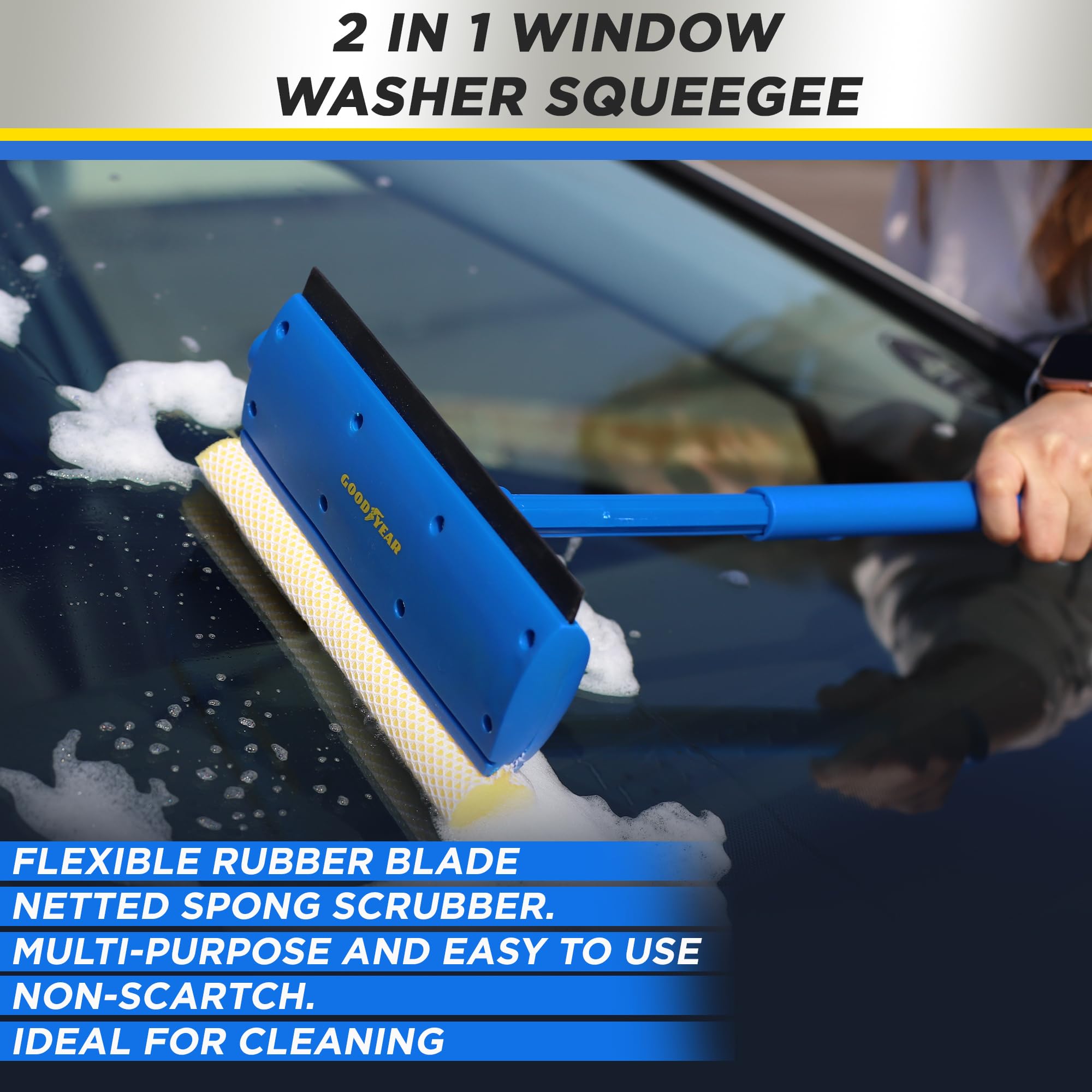 Goodyear 2 In 1 Window Squeegee | Flexible Rubber Blade | Netted Sponge Scrubber 8