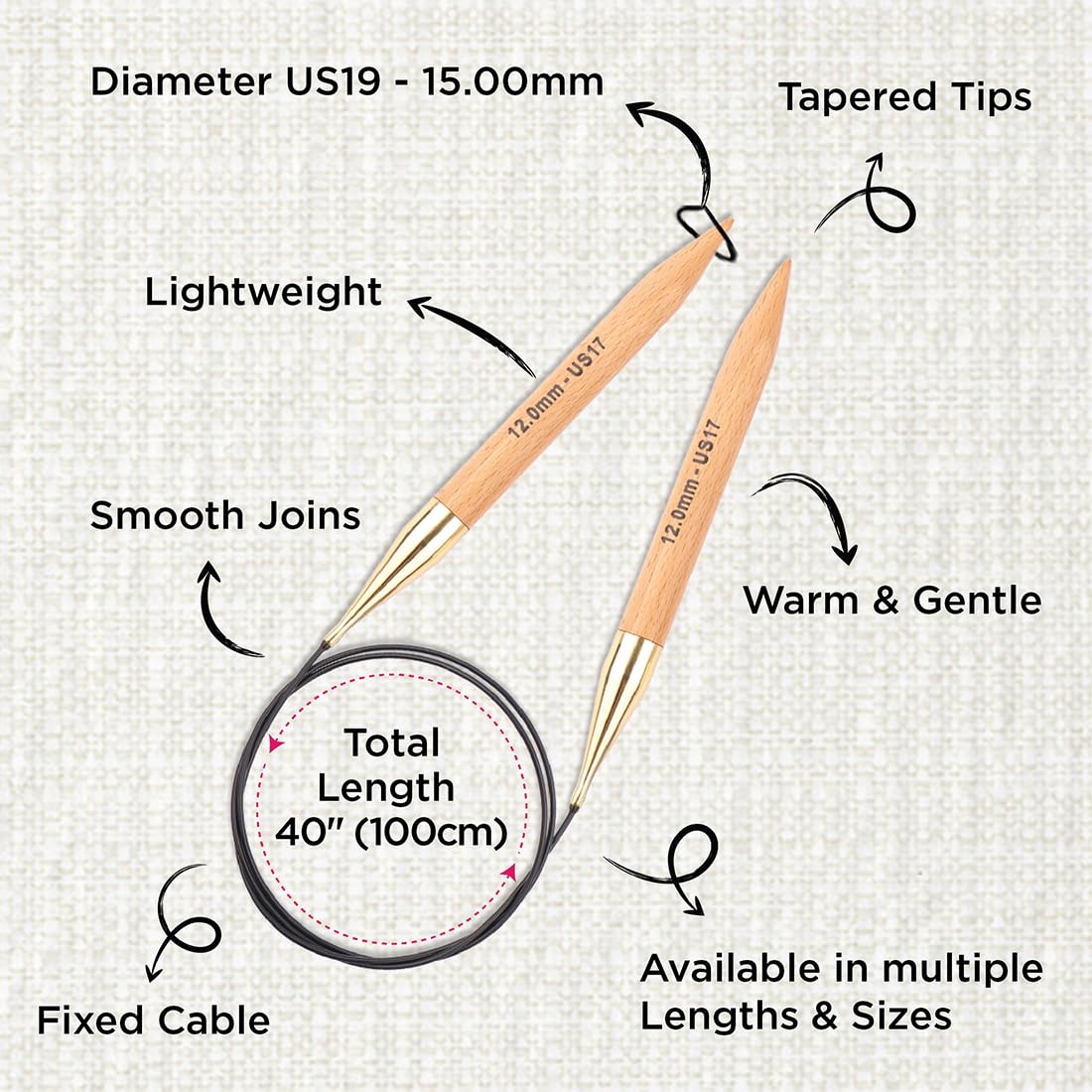 KnitPro Basix Beech Fixed Circular Needles - 15.00mm | 100cm Length | Lightweight Beech Wood 3