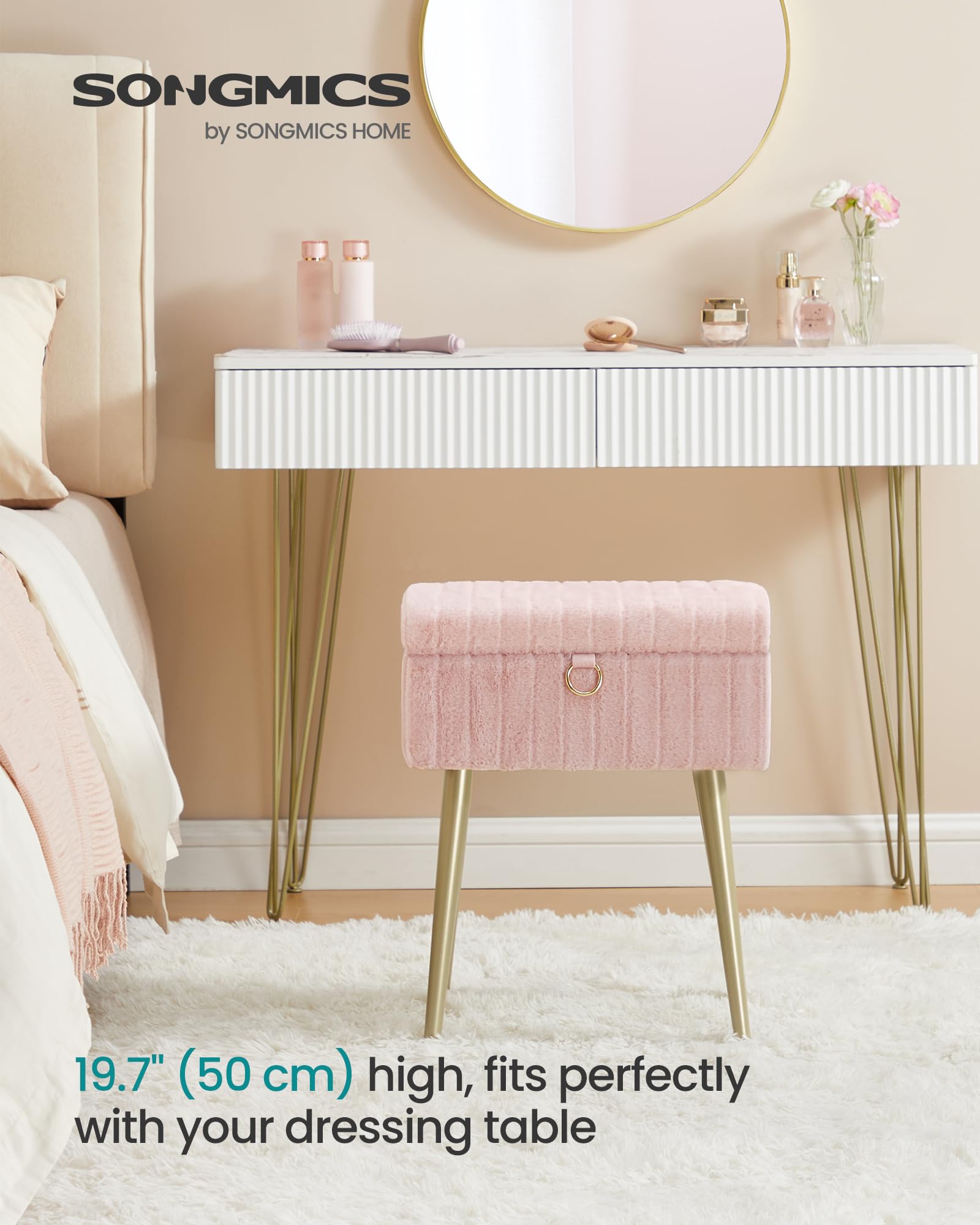 SONGMICS Vanity Stool with Storage - Rectangular, Jelly Pink, Metal Legs | Supports 200 kg 3