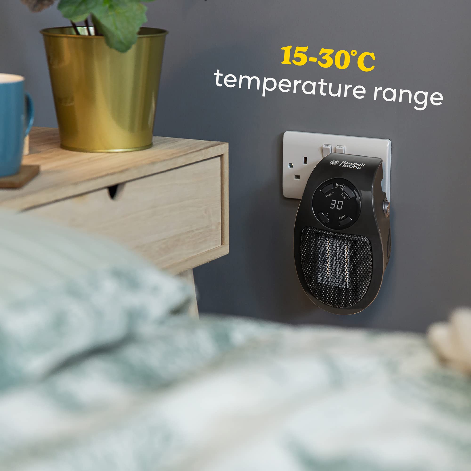 Russell Hobbs 500W Ceramic Plug Heater - Adjustable Thermostat | 15°C-30°C | 2 Fan Speeds 6