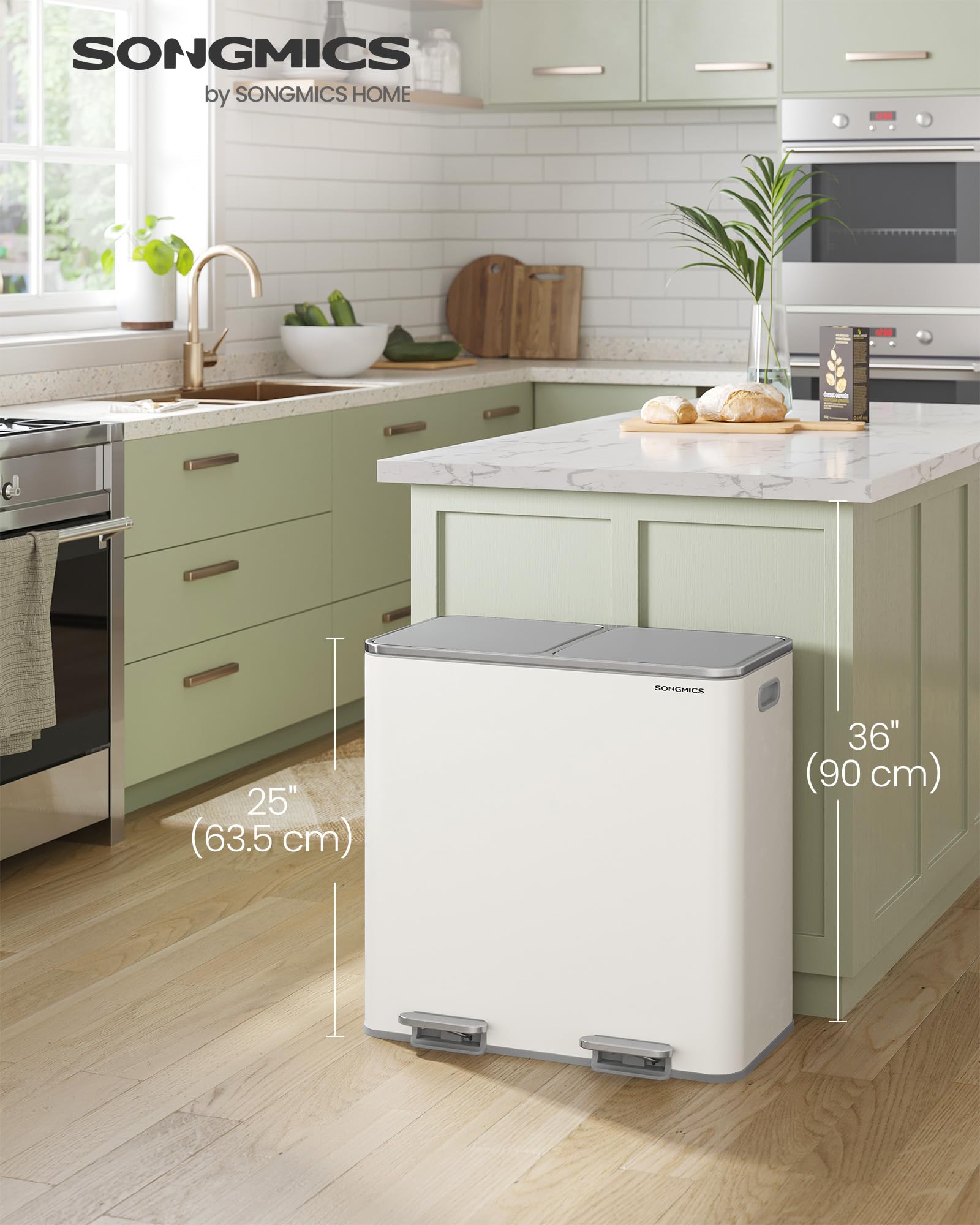 SONGMICS Dual Recycling Bin - 2 Compartments 80L Total | Soft Close | White/Grey 2