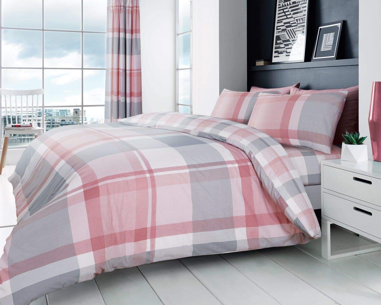 GC GAVENO CAVAILIA Checkered Duvet Cover Set | Double Size | Blush Pink | Polycotton Blend 1