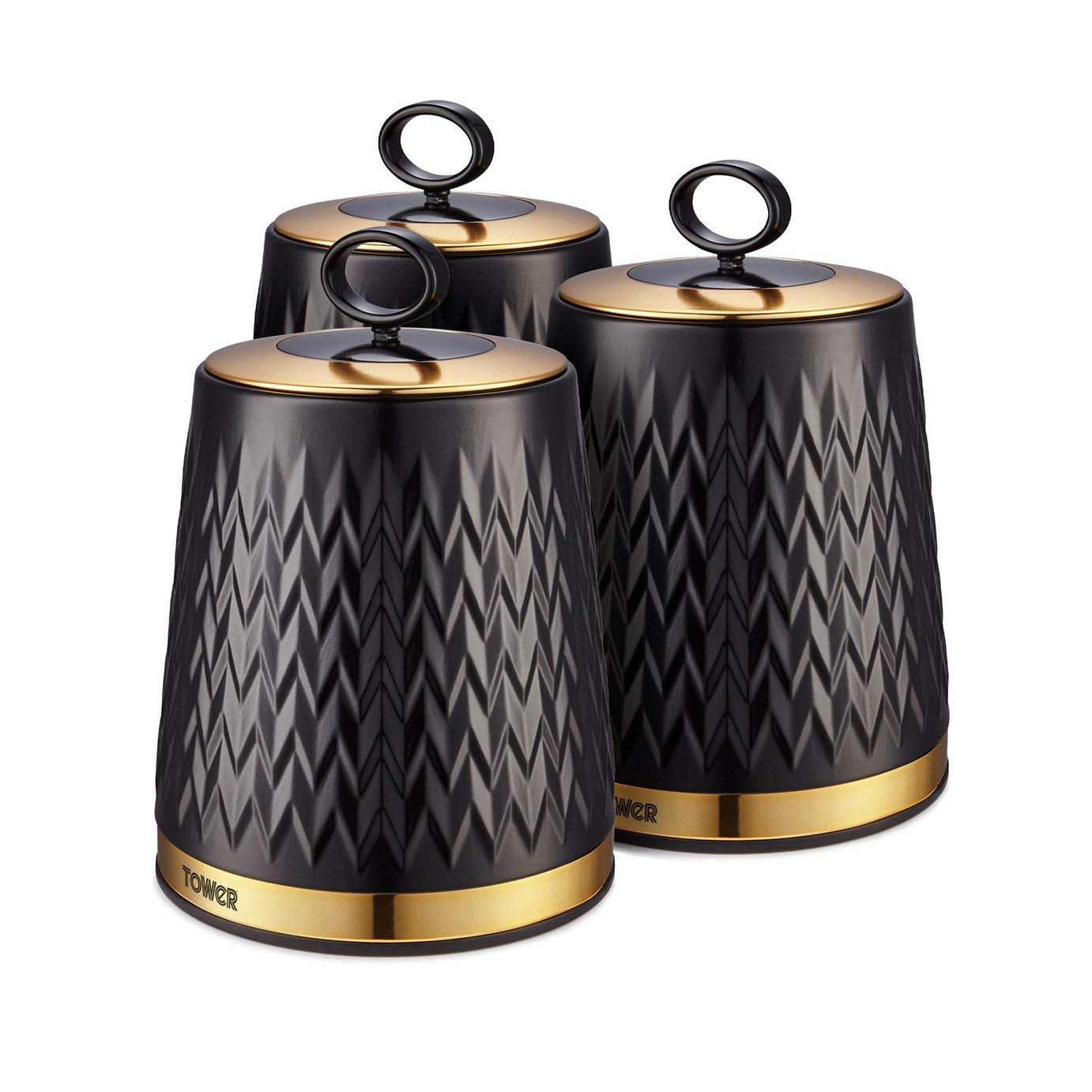 Tower Empire Set of 3 Storage Canisters for Tea Coffee Sugar | 1.3L Capacity | Black and Brass 1