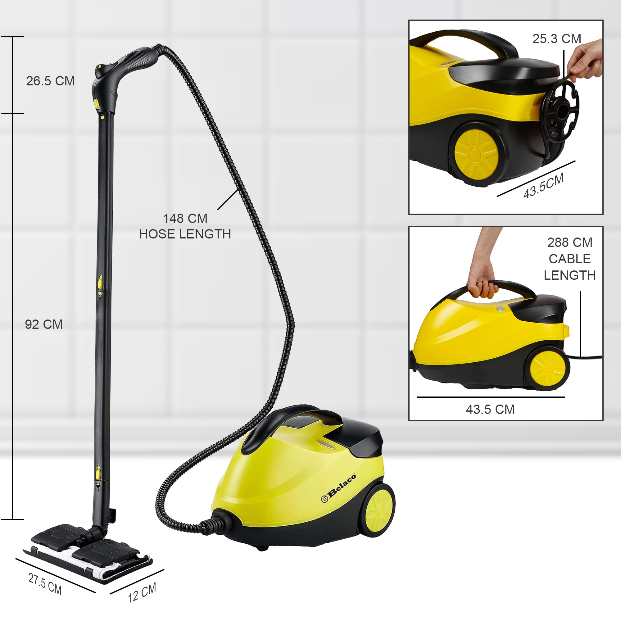 Belaco Handheld Steam Cleaner - 2000W High-Power, 4 Bar Pressure, Chemical-Free Cleaning | Yellow 4