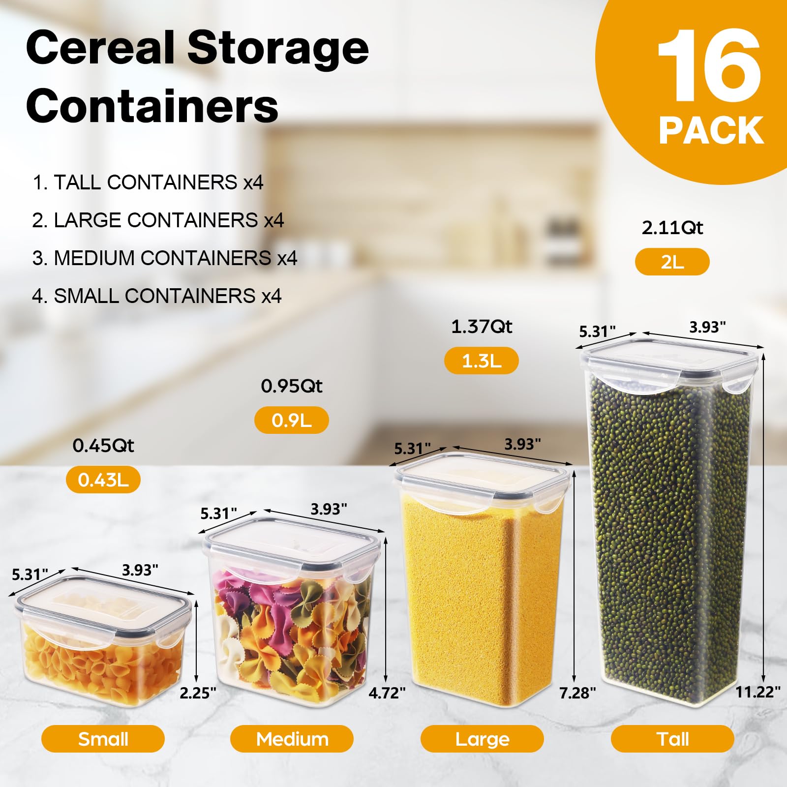 YASHE Airtight Food Storage Containers Set of 16, Plastic, BPA Free, Stackable for Kitchen & Pantry Organization 5