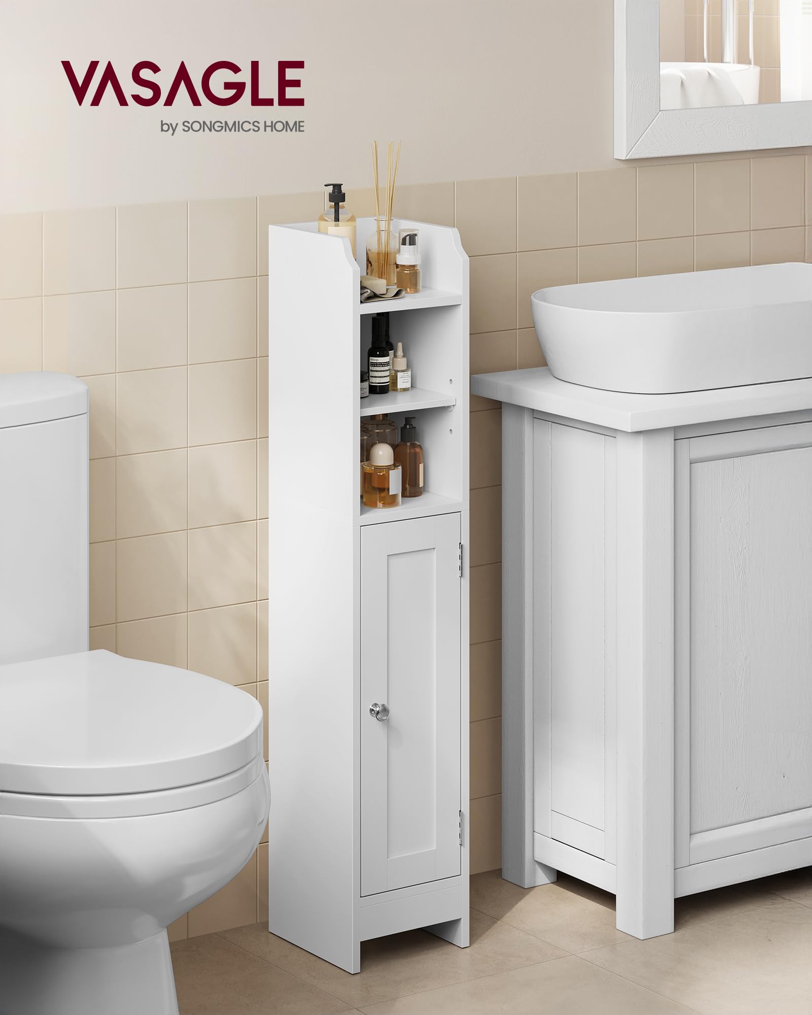 VASAGLE Slim Bathroom Floor Storage Cabinet - 92H cm Tall, Adjustable Shelves, Cloud White 3