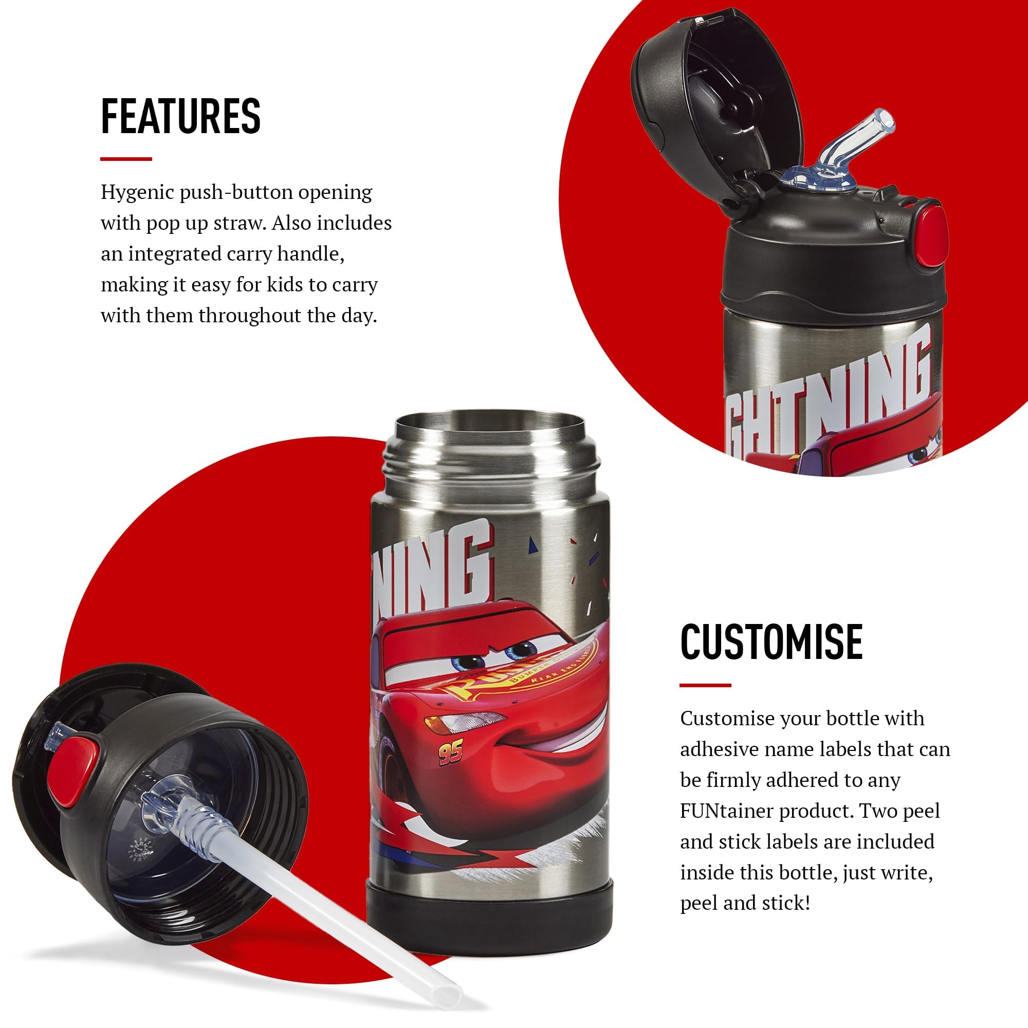 Thermos Disney Cars Drink Flask - 355ml Insulated Stainless Steel Bottle | 12-Hour Cold | Spill Proof Straw 4