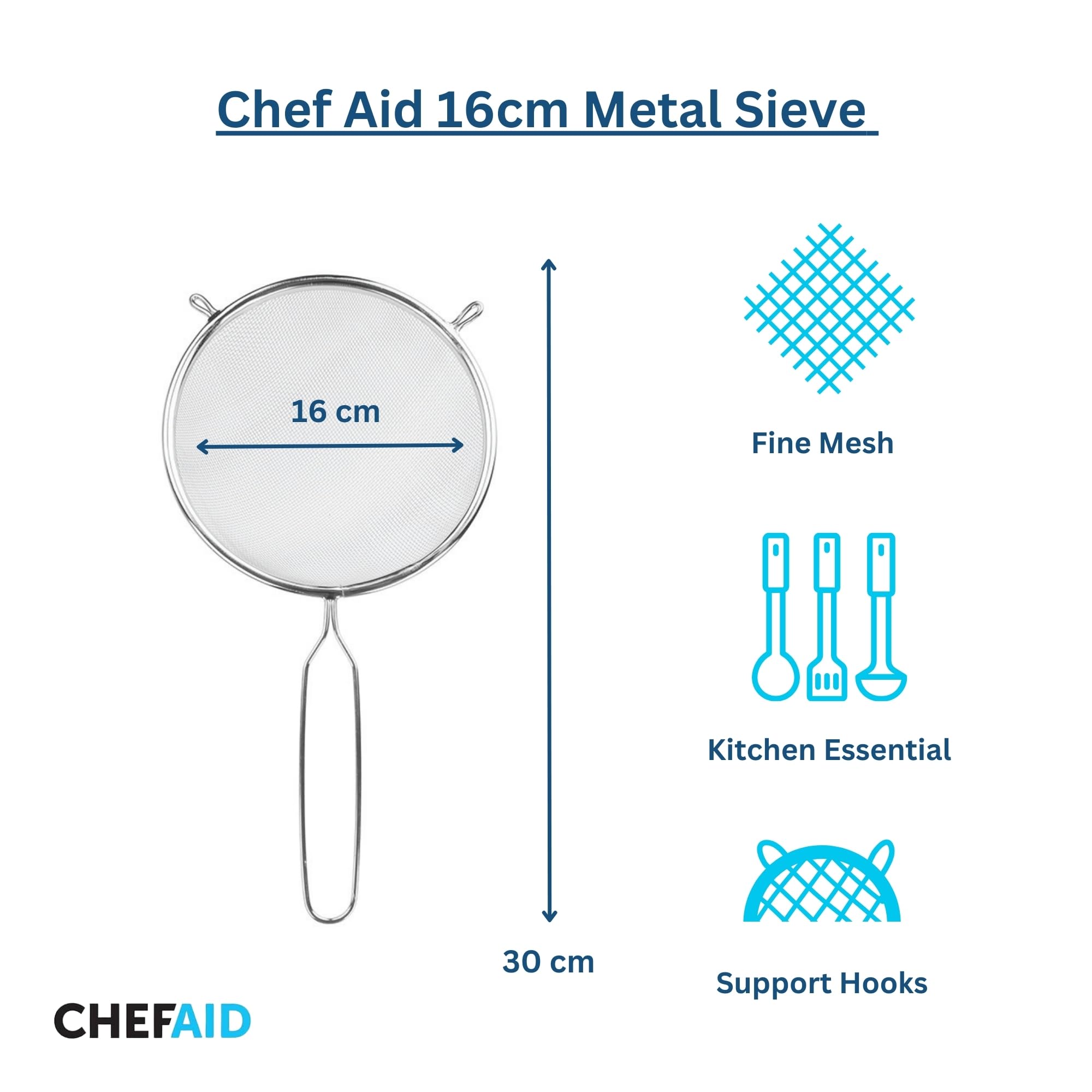 Chef Aid 16cm Metal Sieve/Strainer - Fine Mesh for Straining, Draining & Washing Foods