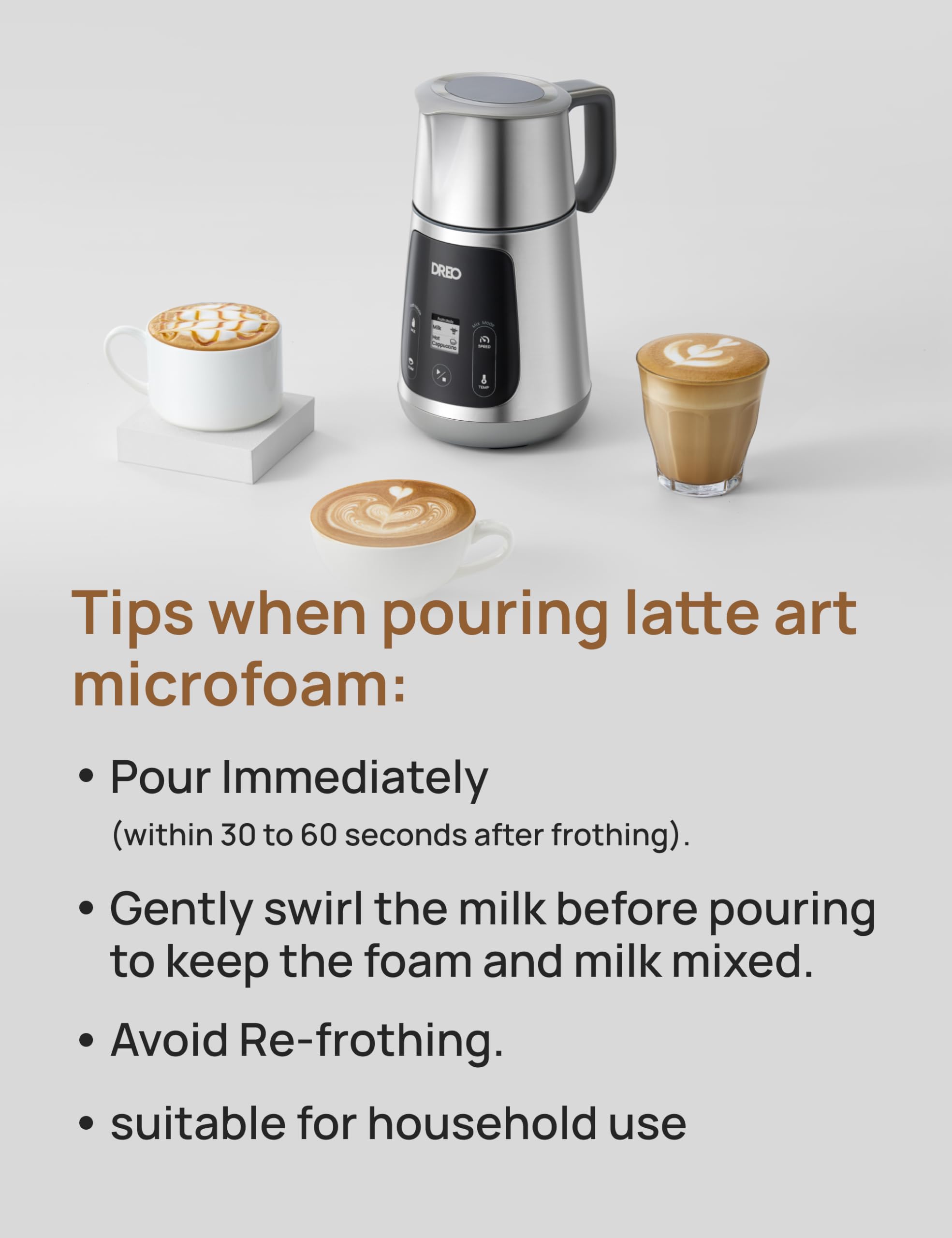 Dreo All-in-1 Automatic Milk Frother and Hot Chocolate Maker | 3 Microfoam Options | Stainless Steel 8