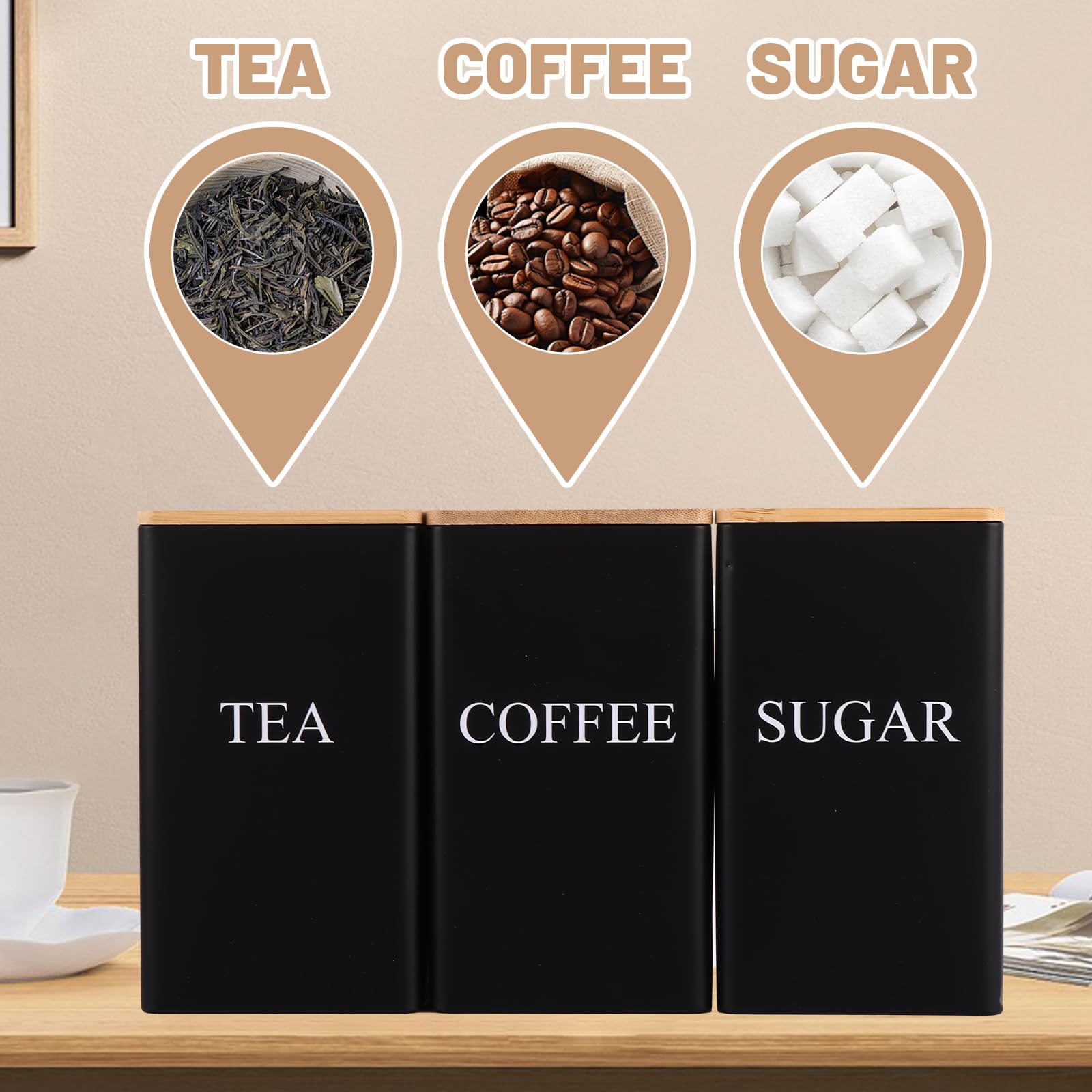 ASelected 3-Piece Metal Canister Set - 1L Airtight Storage for Coffee, Tea, Sugar | Square Black 6