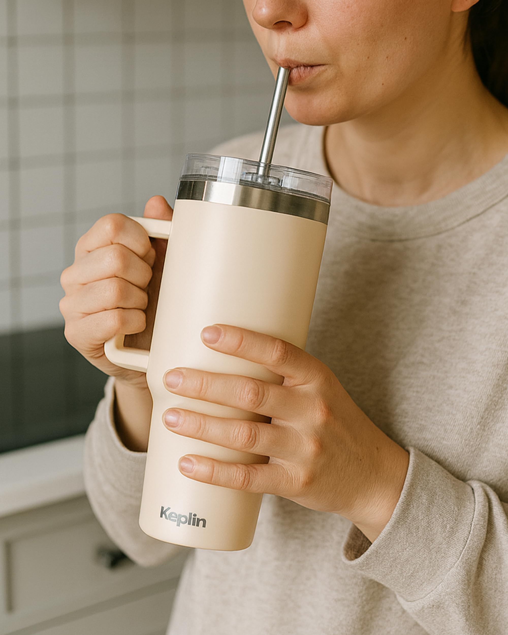 KEPLIN 40 oz / 1200 ml Insulated Travel Tumbler – Double Wall Stainless Steel | Cream White 10