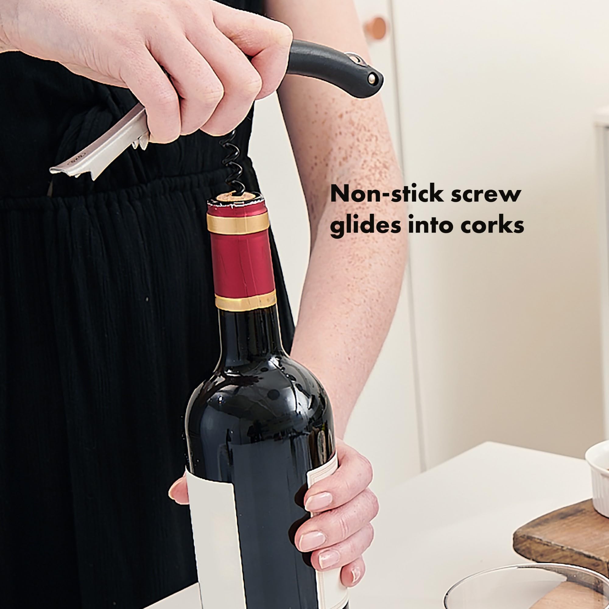 OXO Steel Double Lever Waiter's Corkscrew - Stainless Steel, Non-Stick Screw, Built-in Bottle Opener | Silver/Black 3