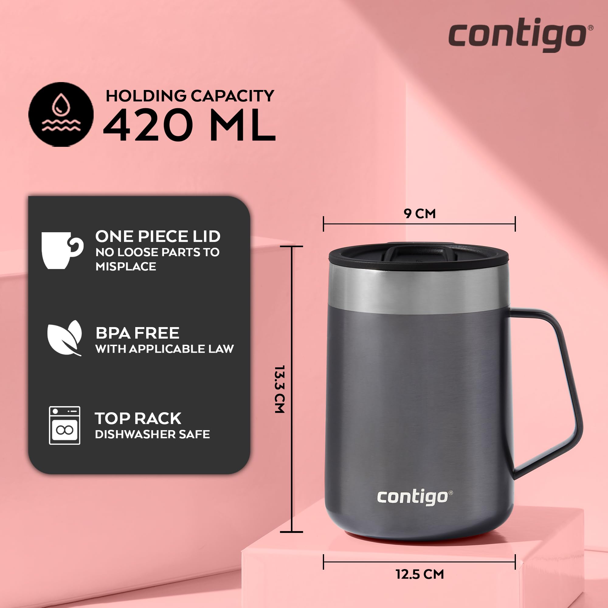 Contigo Streeterville Desk Mug - Stainless Steel Handle, Keeps Hot 5 Hrs, 410 ml | Sake Color 6