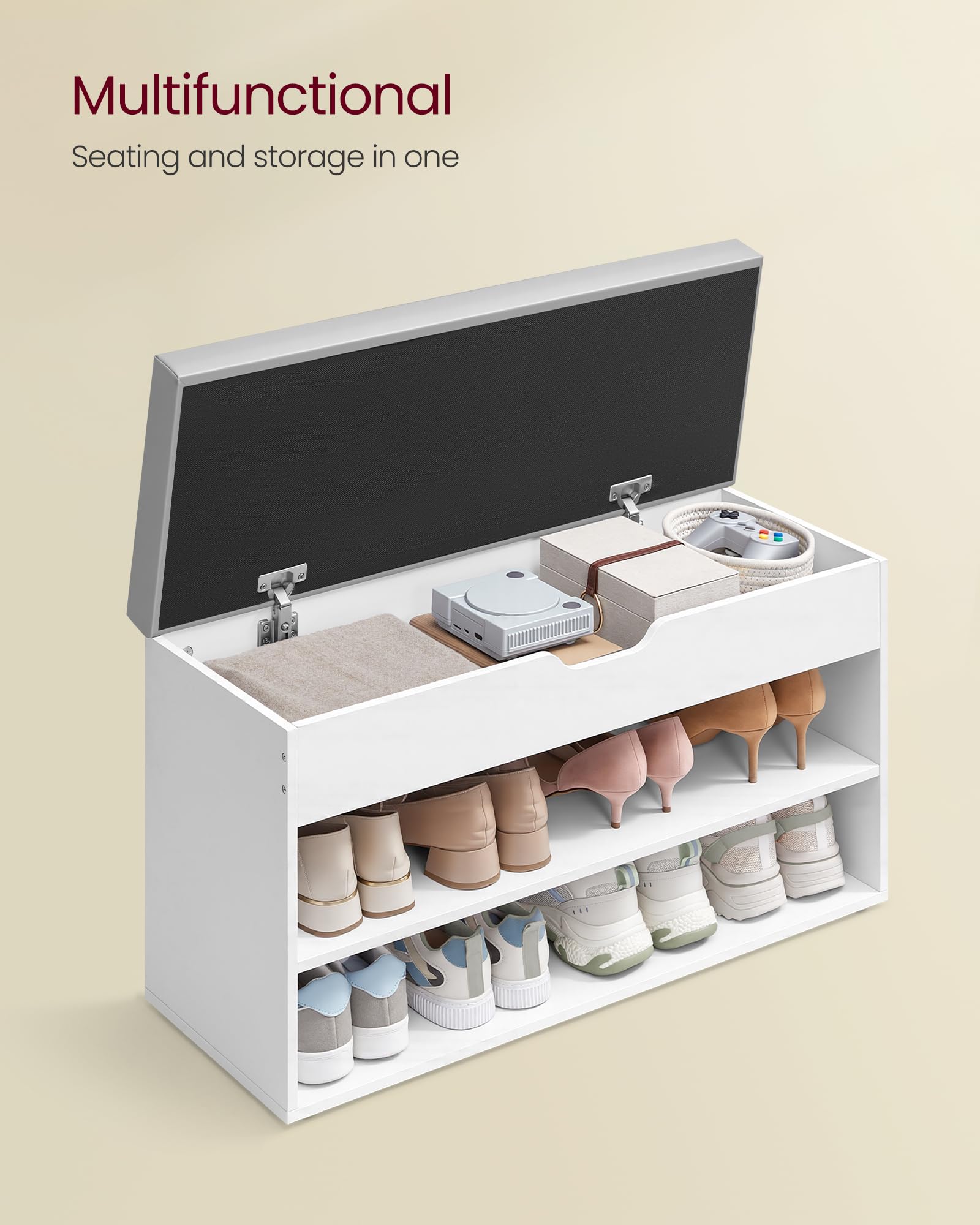 VASAGLE Shoe Storage Bench with Padded Cushion | 80 x 30 x 44 cm | Cloud White + Dove Grey 4