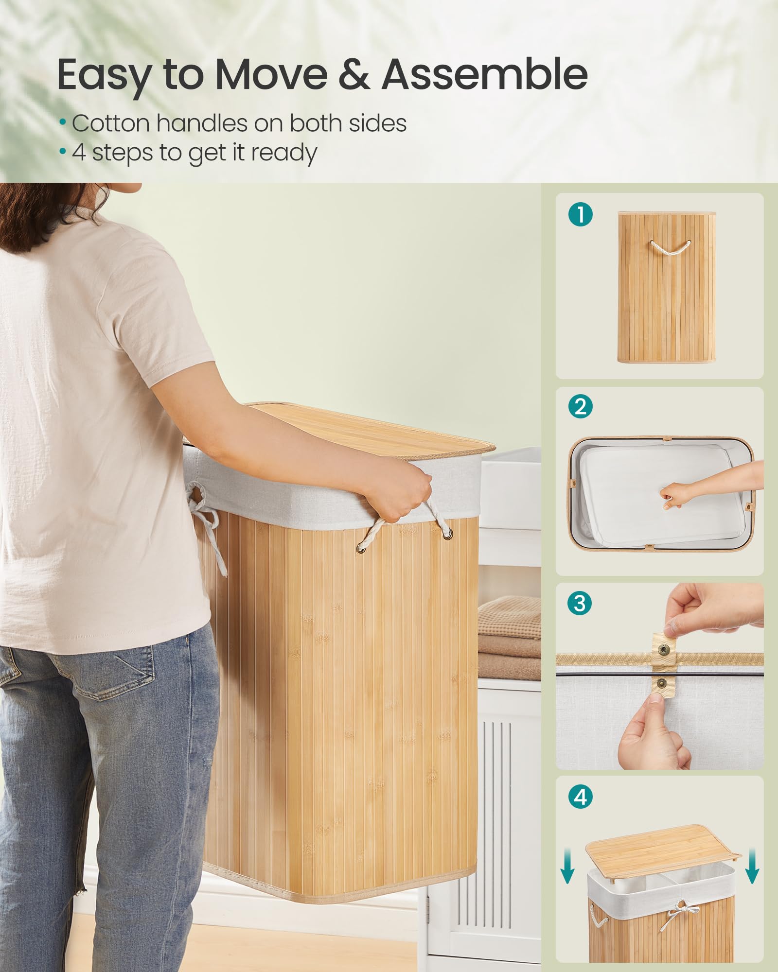 SONGMICS 100L Bamboo Laundry Basket with 2 Compartments | Foldable | Removable Washable Liner 6