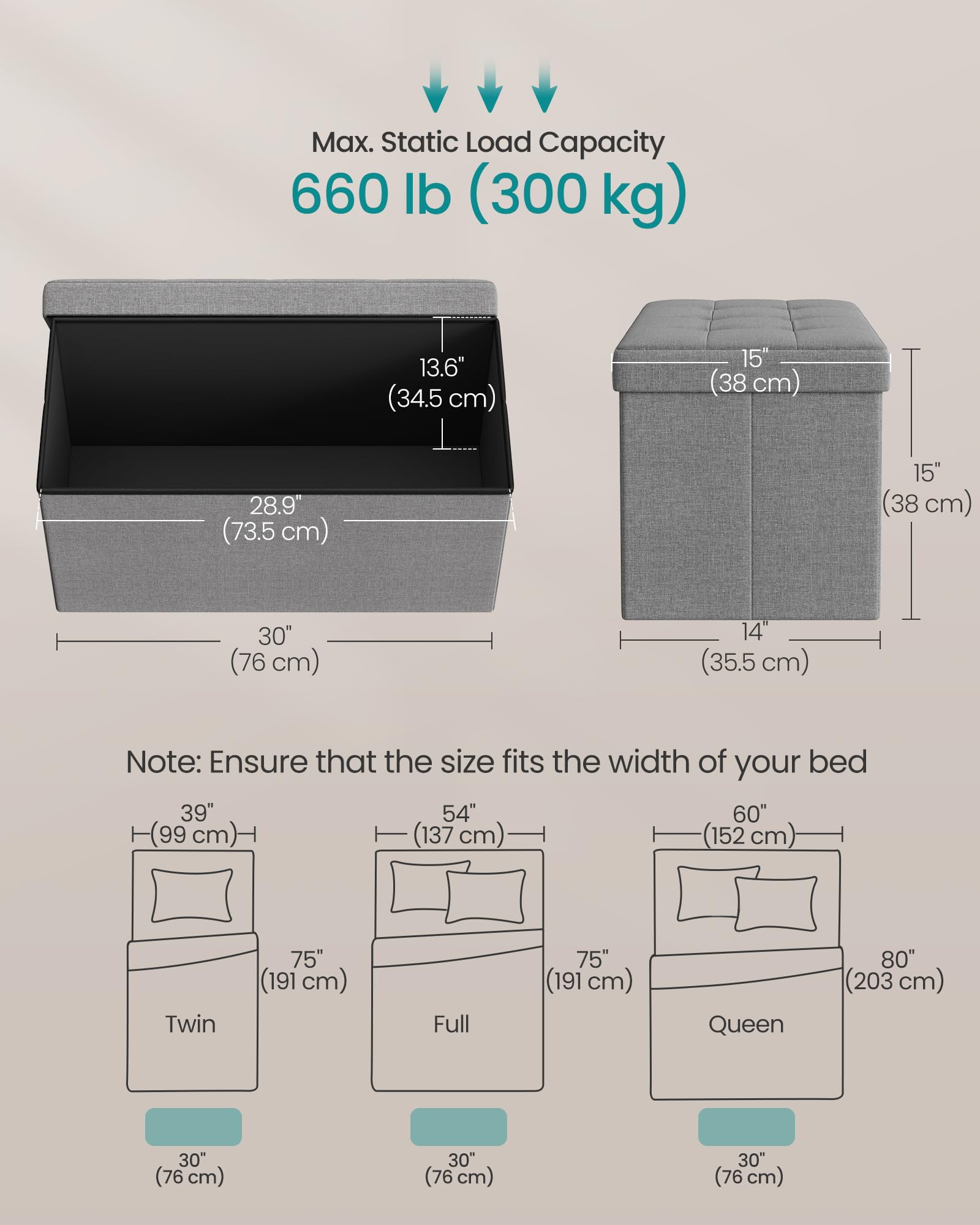 SONGMICS MAZIE Storage Ottoman Bench - 76 cm Folding Foot Rest | 300 kg Capacity | Light Grey 3