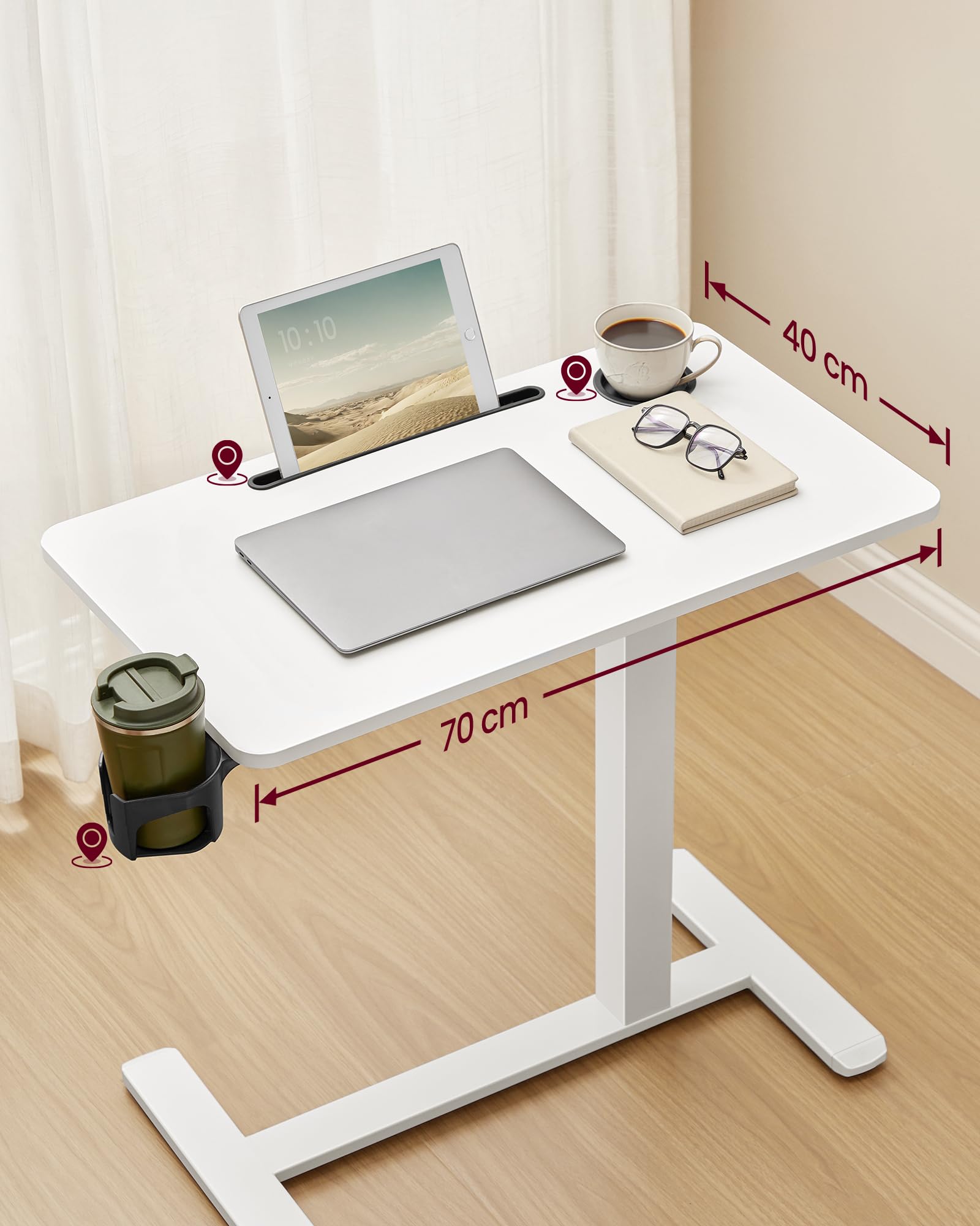 VASAGLE Overbed Table with Wheels - Adjustable Height 65-102 cm | 70 x 40 cm Tabletop | Cloudy White