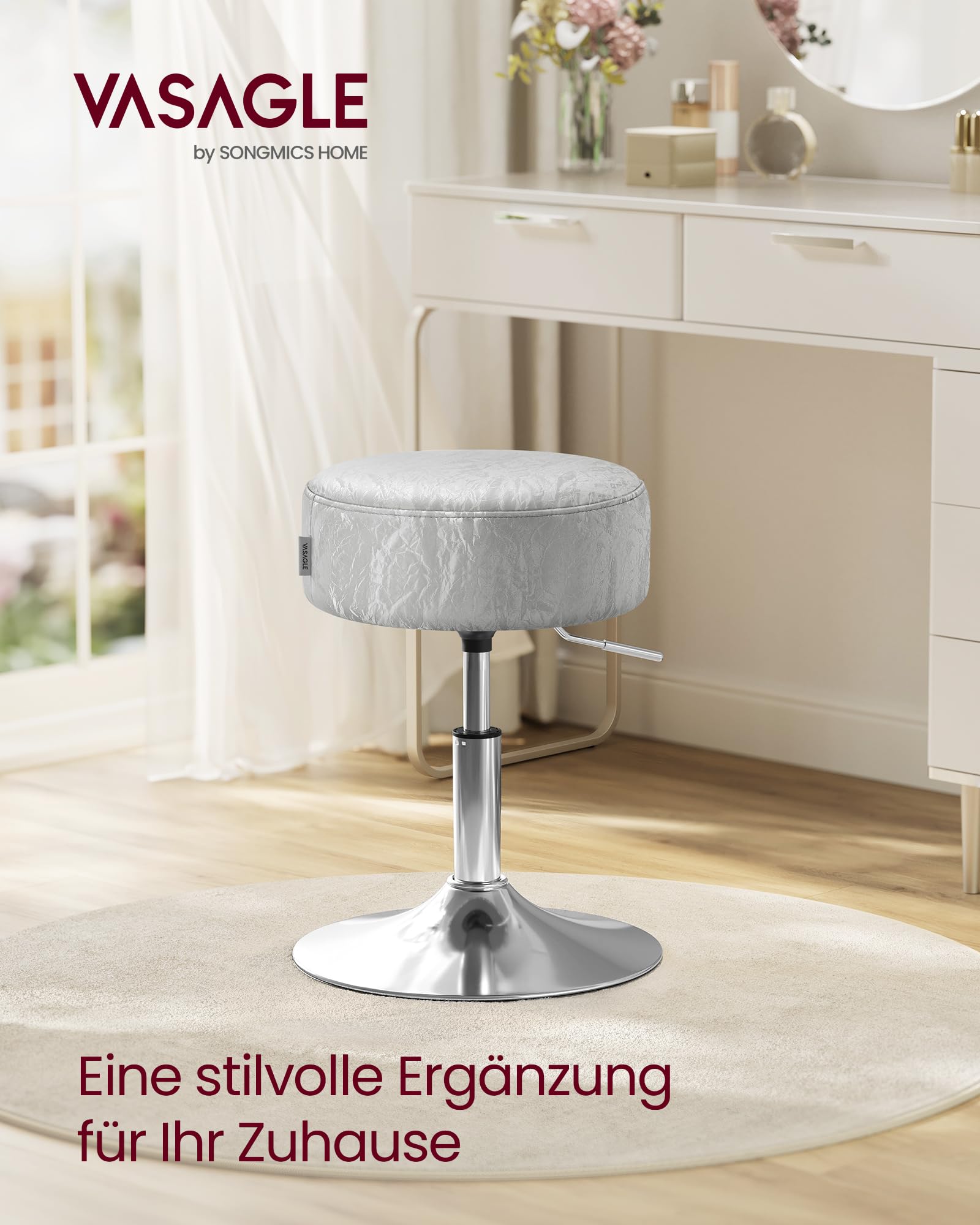 VASAGLE Height Adjustable Makeup Vanity Stool - Dove Grey PU Leather | 360° Swivel | 45.5-57.5 cm Height 4